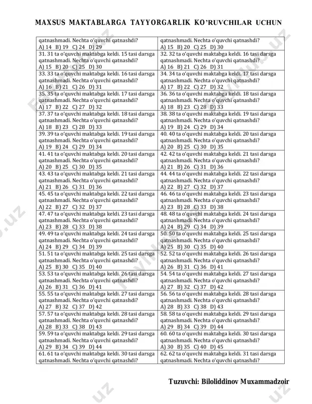 arsga qatnashmadi. nechta o‘quvchi qatnashdi? a) 8 b) 13 c) 18 d) 23 18. 18 ta o‘quvchi maktabga keldi. 9 tasi darsga qatnashmadi. nechta o‘quvchi qatnashdi? a) 9 b) 14 c) 19 d) 24 19. 19 ta o‘quvchi maktabga keldi. 9 tasi darsga qatnashmadi. nechta o‘quvchi qatnashdi? a) 9 b) 14 c) 19 d) 24 20. 20 ta o‘quvchi maktabga keldi. 10 tasi darsga qatnashmadi. nechta o‘quvchi qatnashdi? a) 10 b) 15 c) 20 d) 25 21. 21 ta o‘quvchi maktabga keldi. 10 tasi darsga qatnashmadi. nechta o‘quvchi qatnashdi? a) 10 b) 15 c) 20 d) 25 22. 22 ta o‘quvchi maktabga keldi. 11 tasi darsga qatnashmadi. nechta o‘quvchi qatnashdi? a) 11 b) 16 c) 21 d) 26 23. 23 ta o‘quvchi maktabga keldi. 11 tasi darsga qatnashmadi. nechta o‘quvchi qatnashdi? a) 11 b) 16 c) 21 d) 26 24. 24 ta o‘quvchi maktabga keldi. 12 tasi darsga qatnashmadi. nechta …