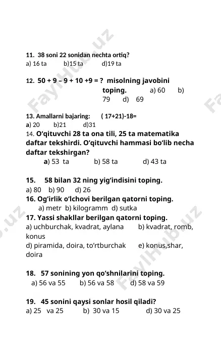 ida 46 ta, ikkinchi qavatida esa 58 ta xona bor. ikkinchi qavatda birinchisiga qaraganda nechta ko’p xona bor? a) 13 ta b) 12 ta c) 15 ta