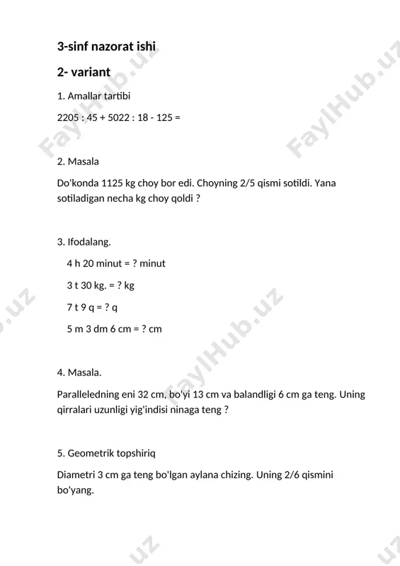 di 3. ifodalang 4 h 2 minut = 260 minut 3 t 30 kg = 3030 kg 7 t 9 q = 79 q 5 m 3 dm 6 cm = 536 cm 4. masala a- 32 cm b- 13 cm c- 6 cm l - ? cm y : l = (32+13+6) * 4= 51 * 4 = 204 cm j : qirralari uzunligi 204 cm 5. geometrik topshiriq dimetri 3 cm bo'lgan aylana chiziladi va uning 1/6 qismi bo'yaladi
