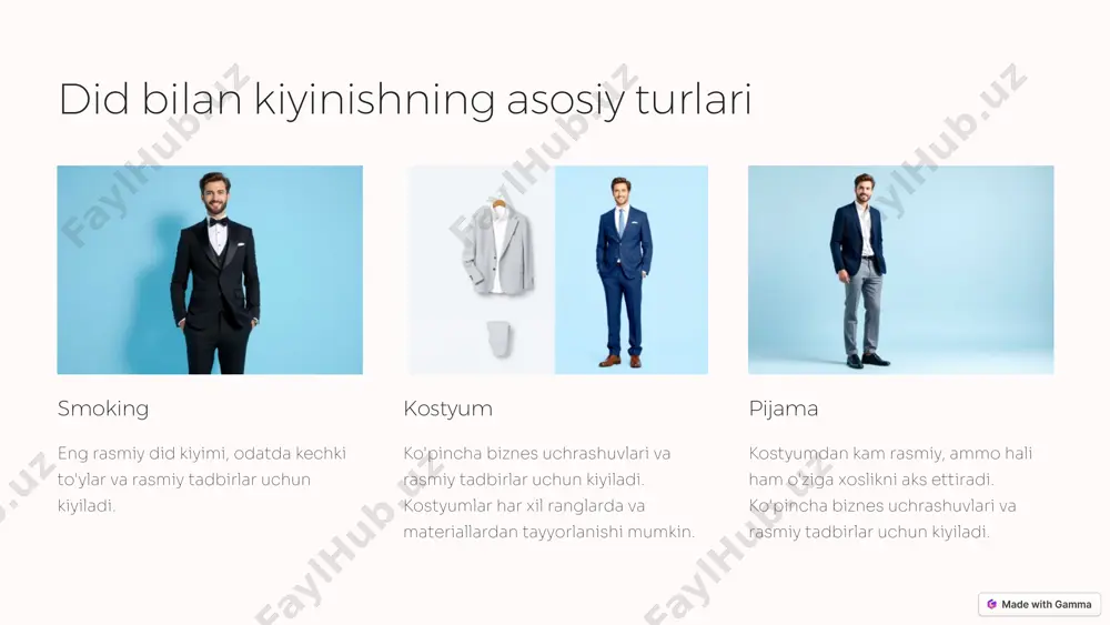 ni tadbirning rasmiyligi darajasiga qarab tanlashingiz kerak. toza va professional ko'rinishga e'tibor berish muhim. biznes uchrashuvlarida o'zingizni ishonchli va professional his qilish kerak. agar uchrashuvning rasmiyligi darajasi noma'lum bo'lsa, kompaniya veb-saytiga yoki boshqa xodimlarga murojaat qilishingiz mumkin. 6 did bilan kiyinish odobi: jinsiy farqlar erkaklar uchun did kiyinish odobi, odatda, ayollarnikiga nisbatan qat'iyroq bo'ladi. ayollar uchun ko'proq rang va uslub variantlari mavjud, lekin odatda rasmiylik darajasi e'tiborga olinadi. har ikkala jins uchun ham tozalik, yaxshi holatda bo'lish va tadbirning rasmiyligi darajasiga mos kiyinish muhim. 7 did bilan kiyinish odobi: qoidalarni buzish ba'zi qoidalarni buzish mumkin, masalan, tuxedo o'rniga kostyum kiyish. shunga qaramay, o'zingizni qulay va professional his qilish uchun asosiy qoidalarga rioya qilish muhim. did kiyinish odobini bilish sizning shaxsiy uslubingizni aniqlashga va har qanday tadbirda o'zingizni ishonchli his qilishga yordam beradi. 8 xulosa 1 hurmat did kiyinish odobi sizning shaxsiyatingiz va tadbirga bo'lgan hurmatingizni aks ettiradi. 2 professionallik did …