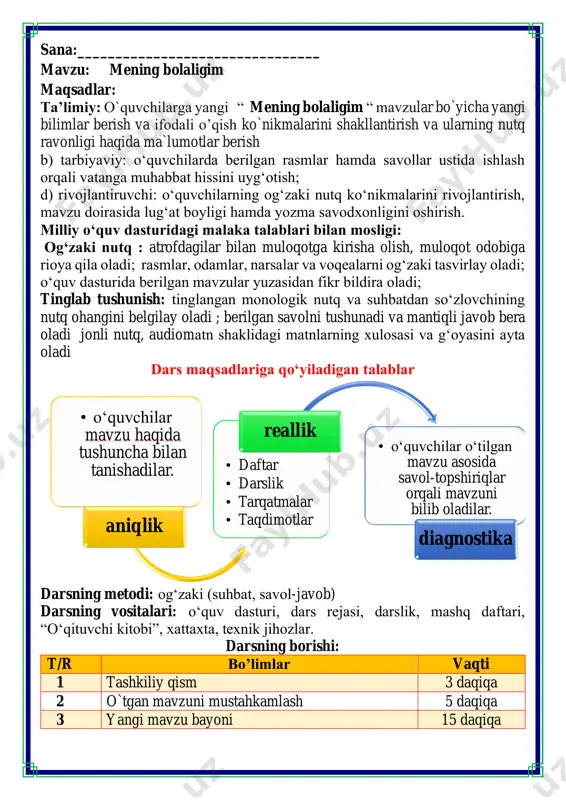 uvchilar baholanadi. yelpig’ich metodi orqali o’tgan bo’limni mustahkamlab olamiz mening bolaligim said ahmad sizning yoshingizda men juda kam uxlardim. ayniqsa, yoz kechalari charaqlagan osmonga qarab yotardim. mana shu miltirab turgan yulduzlarning narigi tomonida qanaqa joylar bor ekan, deb o‘ylardim . tezroq katta bo‘la qolsam-u, dunyodagi jami sirlarni bilib ola qolsam, derdim. samarqand darvoza guzari shundoqqina uyimizdan ko'rinib turardi. yozi bilan to ‘rt-besh marta dorbozlar kelishardi. ularning o‘yinlarini ko‘rib, birdan dorboz bo‘lgim kelib qoldi. bog'imizdagi terakka arqon tortib, langar cho‘p bilan chiqishini mashq qila boshladim. yiqilib, qo‘lim sindi. bir oy o ‘ng qo‘lim taxtakachlanib, azob tortganman. shunda ham tavba qilmay, yana mashq qila boshladim. yana yiqilib, chap qo'lim ham sindi. ana shundan keyin dorbozlikdan aynib, rassomlikka qiziqib ketdim. bayram arafasida xo‘jaliklardan maktabga kelib,albomlar tashlab ketishardi. darsdan keyin to qorong‘i tushguncha shior yozardim. yangi tashkil bo'lgan muassasalarga nomlari bitilgan lavhalar yozganman. bu orada arab alifbosi tugatilib, lotin alifbosiga ko'childi. endi shiorlarni, nomlari …