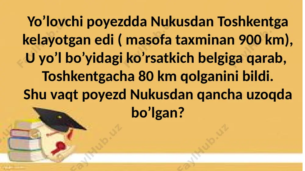 dan bir bo’lagi qirqib olindi. o’ramda qirqib olinganidan necha marta ortiq sim qolgan? qishloqda 120 ta yog’och uy, undan 35 ta ortiq g’ishtlik uy bor. qishloqda hammasi bo’lib nechta uy bor? aka-uka bir xil kitobni o’qishmoqda. akasi har kuni 20 betdan,ukasi esa har kuni 15 betdan o’qiydi. agar kitob 180 betli bo’lsa, ulardan qaysi biri kitobni oldin va necha kun oldin o’qib tugatadi? kutubxona o’quvchilarga birinchi kuni 82 ta kitob, ikkinchi kuni birinchi kundagidan 43 ta ortiq kitob, uchinchi kuni esa ikkinchi kundagidan 15 ta ortiq kitob berdi. uchinchi kuni o’quvchilarga nechta kitob berilgan? sayohatchilar poyezdda 120 km, mashinada undan 40 km kam yo’l bosishdi,kemada esa mashinada o’tilganiga qaraganda 15 km ortiq masofani bosib o’tishdi. sayohatchilar kemada necha km masofani bosib o’tishgan? oshxonada 35 kg yog’, yog’dan 35 kg ortiq go’sht, go’shtdan 18 kg kam un ishlatildi. oshxonada necha kilogram un ishlatilgan? birinchi paxtachilik fermer xo’jaligi ishchilari bir kunda 620 …