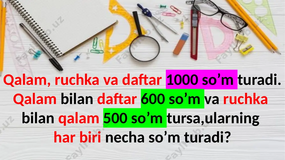 nechta karavot bor? 10 ta yashikka 7 kg dan, 3 ta yashikka esa 10 kg dan pomidor joylandi. bu yashiklarga hammasi bo’lib nechga kg pomidor joylangan? oshxonada 60 kg karam bor edi. 4 kun har kuni 12 kg dan, qolgan karam esa keyingi uch kunda kuniga baravardan ishlatildi. keyingi 3 kunda kuniga necha kilogrammdan karam ishlatilgan? sinf kutubxonasi uchun 15 bola 2 tadan, 20 bola esa 3 tadan kitob olib kelishdi.bolalar hammasi bo’lib nechta kitob olib kelishgan o’quvchi birinchi kuni kitobdan 7 bet o’qidi, ikkinchi kuni esa birinchi kundagidan 2 marta ko’p o’qidi. o’quvchi ikki kunda necha bet kitob o’qigan? oshxona uchun 15 ta paketda 45 kg un olindi. bir kunda 15 kg un ishlatildi. necha paket un ishlatilgan? ustaxonada 54 ta parta ta’mirlandi, stollar esa partalardan 6 marta kam ta’mirlandi. hammasi bo’lib nechta parta va stol ta’mirlangan? tegirmonga bir kunda 23 qop bug’doy va bug’doydan 8 qop kam makkajo’xori …