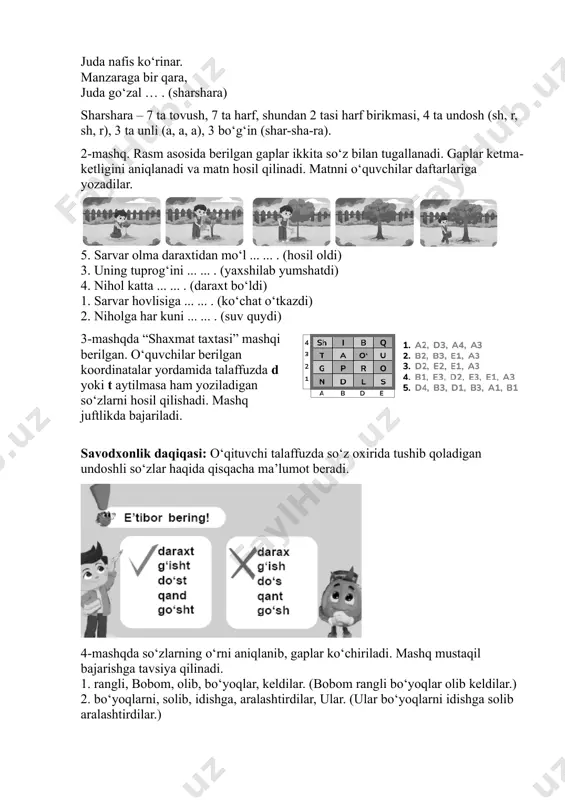 li (a, a, a), 3 bo‘g‘in (shar-sha-ra). 2-mashq. rasm asosida berilgan gaplar ikkita so‘z bilan tugallanadi. gaplar ketma- ketligini aniqlanadi va matn hosil qilinadi. matnni o‘quvchilar daftarlariga yozadilar. 5. sarvar olma daraxtidan mo‘l ... ... . (hosil oldi) 3. uning tuprog‘ini ... ... . (yaxshilab yumshatdi) 4. nihol katta ... ... . (daraxt bo‘ldi) 1. sarvar hovlisiga ... ... . (ko‘chat o‘tkazdi) 2. niholga har kuni ... ... . (suv quydi) 3-mashqda “shaxmat taxtasi” mashqi berilgan. o‘quvchilar berilgan koordinatalar yordamida talaffuzda d yoki t aytilmasa ham yoziladigan so‘zlarni hosil qilishadi. mashq juftlikda bajariladi. savodxonlik daqiqasi: o‘qituvchi talaffuzda so‘z oxirida tushib qoladigan undoshli so‘zlar haqida qisqacha ma’lumot beradi. 4-mashqda so‘zlarning o‘rni aniqlanib, gaplar ko‘chiriladi. mashq mustaqil bajarishga tavsiya qilinadi. 1. rangli, bobom, olib, bo‘yoqlar, keldilar. (bobom rangli bo‘yoqlar olib keldilar.) 2. bo‘yoqlarni, solib, idishga, aralashtirdilar, ular. (ular bo‘yoqlarni idishga solib aralashtirdilar.) 3. uyning, bilan, bobom, bo‘yadik, devorini. (bobom bilan uyning devorini …