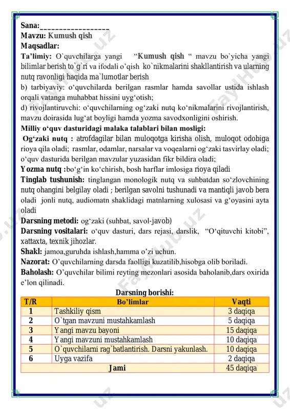 o`tgan mavzuni mustahkamlash.o’quvchilarni bilim va ko’nikmalari tekshiriladi savollar orqali uyga berilgan vazifa so’ralib o’quvchilar baholanadi. shakllarga mos harflarni o'z oʻrniga qo'ying va yashiringan so'zlarni aniqlang. ‘bo‘ladi-bo‘lmaydi” o'yini. • quyida keltirilgan voqea-hodisalarning qaysilari qishda sodir bo'ladi? 1. o ‘tloqda moychechak gullaydi. 2. ayiq uyquga ketadi. 3. daryolar muzlaydi. 4. vatan himoyachilari kunini nishonlaymiz. 5. ko‘chmanchi qushlar issiq mamlakatlardan uchib keladi. quvnoq dam olish daqiqalari o’tiramiz o’g’il- qiz, barchamiz ahil-inoq. o’rnimizdan turamiz, asta joyda yuramiz, qo’llarni ko’taramiz, so’ngra chapak chalamiz. qo’llarni tushiramiz, boshni chapga va o’ngga aylantirib olamiz. birozgina dam olib keyin yana yozamiz. iii.yangi mavzu bayoni: rebusni yeching. qish faslida tabiatda qanday o‘zgarishlar bo'ladi? o‘qing. kumush qish har faslning o‘z fazilati va o‘ziga xos xislati bor. qish fasllar ichida o‘ziga xos chiroyga ega, go‘zal fasldir. qish fasli dekabr, yanvar, fevral oylaridan iborat. qishda hamma yoq qor bilan qoplanadi. atrof mayda zarralardek, turli-tuman rangda yaltiraydi. shuning uchun odamlar qishni “kumush qish” deyishadi. …