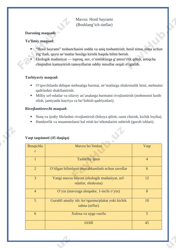 xta va boshq.) 2. qishloqda kimlar hosil yig‘adi? (dehqonlar, bog‘bonlar) 3. siz uyingizda qaysi meva yoki sabzavotlarni ko‘proq yeyapsiz? ular qayerdan keladi? 4. neʼmatlarni isrof qilmaslik uchun nimalar qilsa bo‘ladi? (yangi fikrlar eshitiladi) 3) yangi mavzu — batafsil bayon (12 daq.) a. hosil bayrami — nima va nima uchun kerak? · taʼrif: hosil bayrami — dalada yoki bog‘da yig‘ilgan hosil — meva, sabzavot, don kabi alloh bergan neʼmatlar uchun shukr qilish, dehqonlar va mehnat qilganlarga minnatdorlik bildirish uchun o‘tkaziladigan bayram yoki tadbir. · maqsadlar: mehnatni qadrlash, birlikni mustahkamlash, olingan neʼmatni bo‘lishish, madaniy urf-odatlarni saqlash. b. ekologik madaniyat (boshlang‘ich darajada, o‘quvchilarga tushunarli) · suvni tejash: sug‘orishda suvni tejash: sug‘orishni ertalab yoki kechqurun qilish, ko‘kalamzorlik — daraxtlar suvni ushlab turadi. · asalarilar va zararkunandalar: gullarni himoya qilish — asalarilar o‘simliklarni changlatib, yaxshi hosil beradi. · neʼmatlarni isrofgarchiliksiz saqlash: mevalarni va sabzavotlarni to‘g‘ri saqlash, bo‘lishish — kamroq chiqindi. (o‘qituvchi: har bir tamoyilni oddiy …