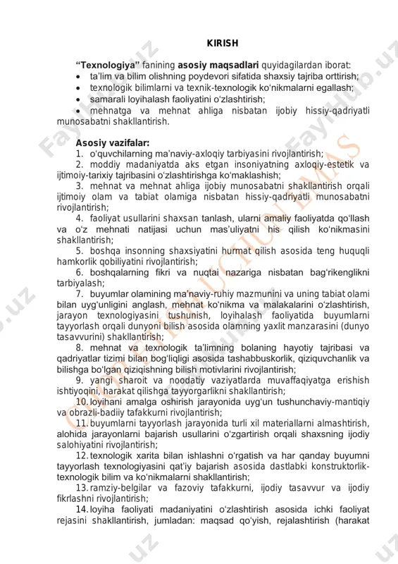 usullarini o‘zgartirish orqali shaxsning ijodiy salohiyatini rivojlantirish; 12. texnologik xarita bilan ishlashni o‘rgatish va har qanday buyumni tayyorlash texnologiyasini qat’iy bajarish asosida dastlabki konstruktorlik- texnologik bilim va ko‘nikmalarni shakllantirish; 13. ramziy-belgilar va fazoviy tafakkurni, ijodiy tasavvur va ijodiy fikrlashni rivojlantirish; 14. loyiha faoliyati madaniyatini o‘zlashtirish asosida ichki faoliyat rejasini shakllantirish, jumladan: maqsad qo‘yish, rejalashtirish (harakat rejasini tuzish va uni o‘quv vazifalarini yechishda qo‘llash qobiliyati), tahmin qilish (turli sharoitlarda harakatni bajarish natijasini oldindan aytish), nazorat qilish, tuzatish kiritish va baholashni o‘z ichiga olgan jarayonlarni amalga oshirish; o‘qitish metodikasi “texnologiya” fanini o‘qitish metodikasi zamonaviy ta’lim texnologiyalarini faol qo‘llashni ko‘zda tutadi, jumladan: 1) muammoli ta’lim (har bir dars boshida muammoli savol berish). 2) muammoni muhokama qilishda o‘quvchilarning hayotiy tajribasidan foydalanish. 3) mashqlarni bajarishda guruh va yakka tartibda ishlash. 4) blum taksonomiyasi asosida bilim, ko‘nikma va malakalarni bosqichma-bosqich shakllantirish. 5) fikrlashning asosiy turlariga tayanish (ko‘rgazmali-obrazli, ko‘rgazmali-amaliy, mavhum, assotsiativ). 6) loyihaviy ta’lim (har bir bob …