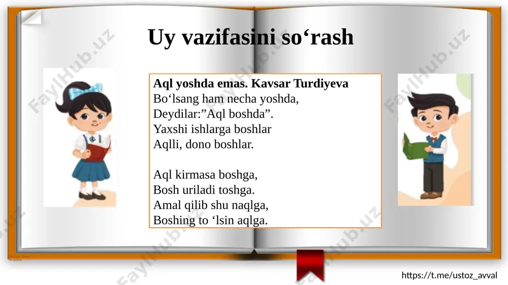 yaxshi kitob sovg‘a qilishni diliga tugib qo‘ydi. https://t.me/ustoz_avval @fokina lidiya petrovna savollarga javob bering doniyorning tug‘ilgan kuniga nimalar sovg‘a qilishdi? nima uchun kitobcha talash bo‘ldi? doniyor nega o‘ylanib qoldi? sizningcha, eng yaxshi sovg‘a nima? https://t.me/ustoz_avval @fokina lidiya petrovna izohli lug‘at kelgusi-kelajak dilga tugib qo‘ydi- yodda saqladi, niyat qilib qo‘ydi https://t.me/ustoz_avval @fokina lidiya petrovna harflarni to‘g‘ri ketma-ketlikda qo‘ying kitob aql qayrog‘i https://t.me/ustoz_avval @fokina lidiya petrovna yodda tuting ! https://t.me/ustoz_avval @fokina lidiya petrovna uyga vazifa hikoyani o‘qib mazmunini so‘zlash https://t.me/ustoz_avval @fokina lidiya petrovna keyingi darsda ko‘rishguncha… https://t.me/ustoz_avval @fokina lidiya petrovna image2.jpeg image3.png image4.png image5.jpeg image6.jpeg image7.jpeg image8.jpeg image9.jpeg image10.jpeg image11.jpeg image12.jpeg image13.jpeg image14.jpeg image15.jpeg image16.png image17.gif image18.png image1.png