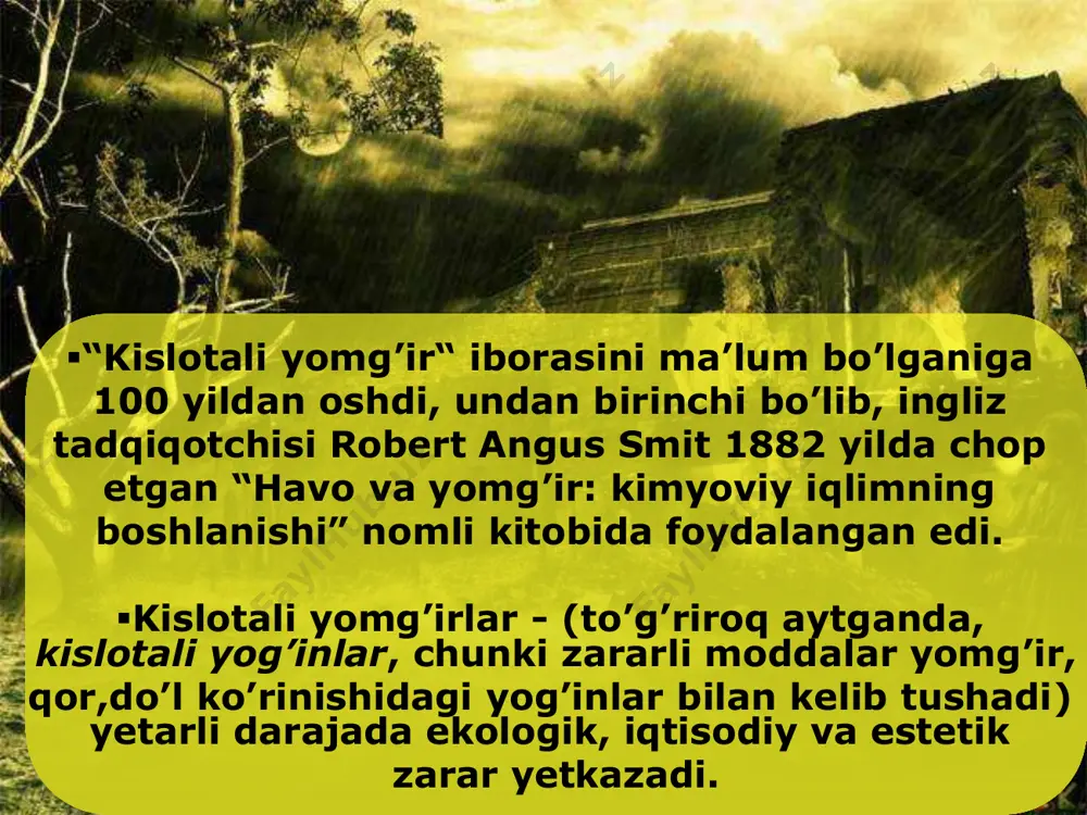a aylanadi, masalan oltingugurt (iv) oksidiga.. hosil bo’lgan birikmalarni bir qismi tozalash qurilmalarida tutib qolinadi qolganlari esa atmosferaga chiqib ketadi. ular suv bug’lari bilan bog’lanib sulfat kislotaga aylanadi. oltingugurt ko’pchilik antropogen tashlamalarda oltingugurt (iv) oksidi va sulfatlar miqdori boshqa moddalarga nisbatan ko’proqni tashkil etadi. sulfatlar neftni qayta ishlash, sement va gips, sulfat kislota ishlab chiqarish rabi sanoat jarayonlarida yoqilg’i yonishida ajralib chiqadi. tabiiy manbalardan – tuproqdan va o’simliklarni hayot faoliyati mahsulotlarida oltingugurt saqlovchi birikmalar muhim rol o’ynaydi. oltingugurt vulqonlar harakatga kelganda oltingugurt (iv) oksid ko’p miqdorda ajralib chiqadi, kam miqdorda vodorod sulfid, sulfatlar aerozollar va qattiq zarralar ko’rinishida atmosferaga ajralib chiqadi. yil mobaynida dunyo bo’yicha vulqonlar harakati natijasida 4-16 mln. t oltingugurt birikmalari ajralib chiqadi ( so2 ga hisoblaganda) . a z o t  yoqilg’i va turli qazilmalarda uchraydi, masalan ko’mirda va neftda. antropogen manbalardan 93 % gacha azot (ii) oksidi ajraladi. u atmosferadagi kimyoviy reaksiya natijasida azot (iv) …