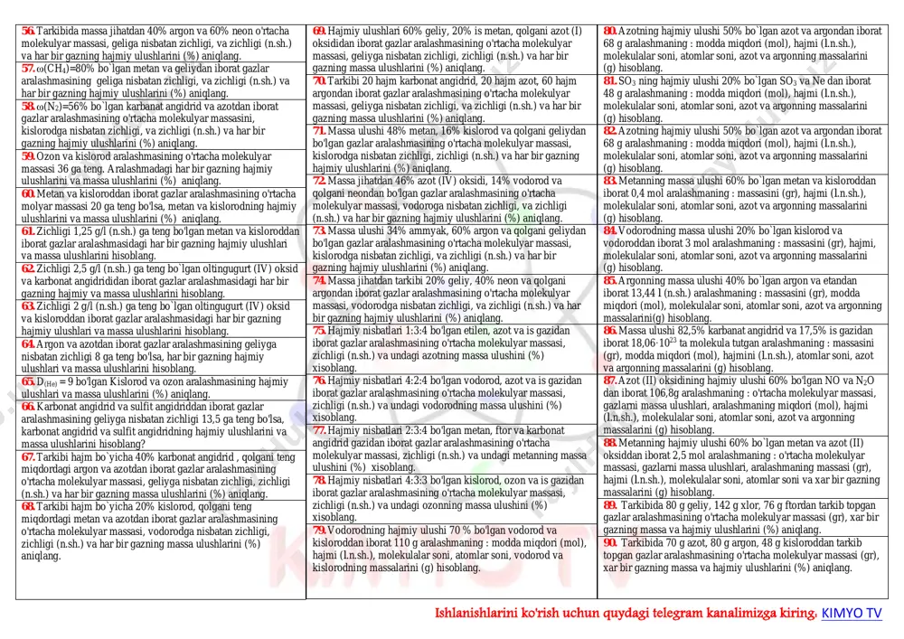 orodga nisbatan zichligini aniqlang. a) 7 b) 14 c) 28 d) 3,5 21. vodorodga nisbatan zichligi 10ga teng bo'lgan gazni aniqlang. a) ftor b) azot c) neon d) geliy 22. neonga nisbatan zichligi 1,6ga teng bo'lgan gazni aniqlang a) kislorod b) azot c) neon d) geliy 23. kislorodga nisbatan zichligi 0,875 ga teng bo'lgan gazni aniqlang. a) ftor b) azot c) neon d) geliy 24. azotga nisbatan zichligi 0,143ga teng bo'lgan gazni aniqlang. a) ftor b) azot c) neon d) geliy 25. geliyga nisbatan zichligi 9,5ga teng bo'lgan gazni aniqlang. a) ftor b) azot c) neon d) geliy 26. geliyga nisbatan zichligi 5 bo'lgan moddanig vodorodga nisbatan zichligini aniqlang. a) 2,5 b) 10 c) 5 d) 8 27. neonga nisbatan zichligi 1,6 bo'lgan gazning geliyga nisbatan zichligini aniqlang. a) 2,5 b) 9 c) 5 d) 8 28. kislorodga nisbatan zichligi 1,1875 bo'lgan gazning azotga nisbatan zichligini toping. a) 2,5 b) …