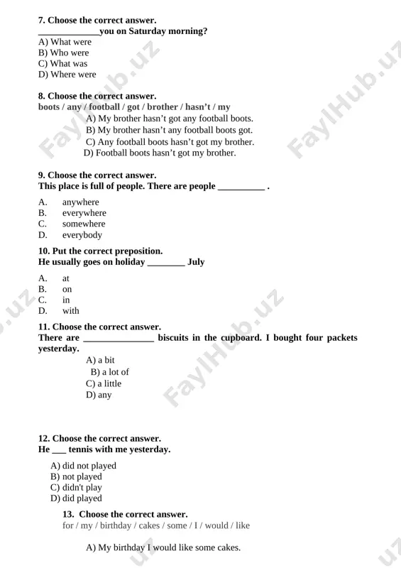 e / i / would / like a) my birthday i would like some cakes. b) i would like some cakes for my birthday. c) some cakes i would like for my birthday. d) i would like some cakes my birthday. 14. put the words in the correct order. homework / does / not / doing / brother / like / my a) my brother doing does not like homework. b) my brother homework does not like doing. c) my brother does like doing not homework. d) my brother does not like doing homework. 30. read the text and choose the correct option. a famous theatre school. do you love singing, acting or dancing? at a theatre school, young people learn how to become actors, dancers and singers. there are many theatre schools in the uk. one of the most famous is the sylvia young theatre school in london. children …