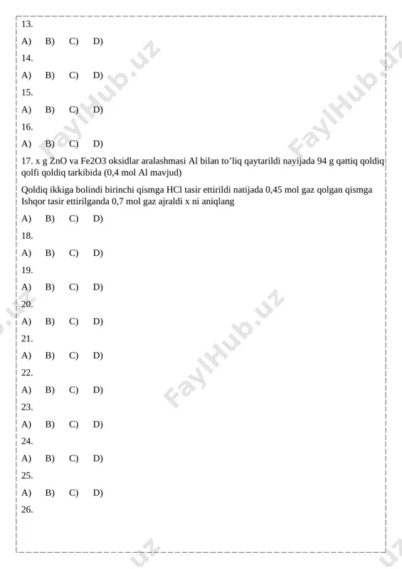 hmaga yana 10 ml havo (80% azot 20% kislorod) qo’shilganda aralashma 13 ml boʻlib qoldi. dastlabki aralashma tarkibidagi vodorodni hajmini (ml) toping? 37. cuso4 va nacl larning elektronlari teng. 1 l suvda eritildi. metall ajralishi tugaguncha 0,8 f tok otkazildi. eritma buglatildi. qattiq qoldiq massasi soralgan buglatilgandan keyin. 38. 39. 40. 30 g bir atomli spirt h2so4 ishtirokida qizdirildi natijada 0,1 mol oddiy efir va 7,2 g suv hosil boldi. alkenni massasini soralgan 41. sifat tarkibi bir xil lekin miqdor jihatdan har xil bolgan xlorid, bromid, yodid kislota eritmalari mavjud. 1-eritmaga k2cr2o7 tashlandi natijada chokmaga tushgan oddiy modda massasi gazlar massasidan 1.38 g ga kop.(kislotalar miqdori bir xil, hcl ning ikkala eritmadagi ummumiy miqdori 0,48 mol). ikkinchi eritmaga esa agno3 solinganda 0,9 mol hno3 va 174,4 g chokmalar ajraldi. chokmalar quritildi, ajratildi. keyin eritmaga qizdirib zn tashlandi gaz ajralmadi. jarayon songida 2 xil tuz saqlagan eritma hosil boldi. cr tuzlari …