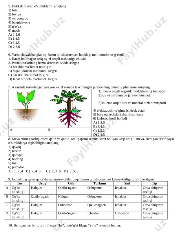 6 b) 1,4,5 c) 3,4,5 d) 2,3,6 6. yassi chuvalchanglar tipi hazm qilish sistemasi haqidagi ma’lumotlar to‘g‘rimi? 1. hazm bo‘lmagan oziq og‘zi orqali tashqariga chiqadi 2. parazit turlarining hazm sistemasi soddalashgan a) har ikki ma’lumot noto‘g‘ri b) faqat ikkinchi ma’lumot to‘g‘ri c) har ikki ma’lumot to‘g‘ri d) faqat birinchi ma’lumot to‘g‘ri 7. a rasmda tasvirlangan jarayon va b rasmda tasvirlangan jarayonning umumiy jihatlarini aniqlang. [image: ] [image: ] 1)floema orqali organik moddalarning transporti 2)suv yetishmasa bu jarayon buziladi 3)ksilema orqali suv va mineral tuzlar transporti 4) o‘tkazuvchi to‘qima ishtirok etadi 5) barg og‘izchalari ahamiyati katta 6) kislorod hosil bo‘ladi a) 1,3,5 b) 3,4,5 c) 1,5,6 d) 2,4,5 a b 8. meva etining tashqi qismi qalin va qattiq, oraliq qismi sersuv, seret bo‘lgan ko‘p urug‘li meva. berilgan ta’rif qaysi o‘simliklarga tegishliligini aniqlang 1) qovoq 2) tarvuz 3) qoraqat 4) bodring 5) tok 6) pomidor a) 1,2,4 b) 2,4,6 c) 2,3,6 d) …