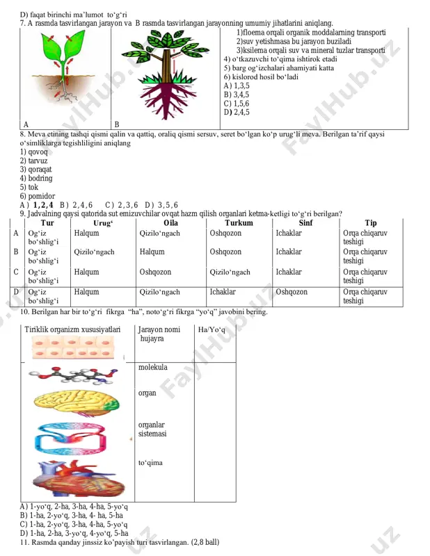 1- ha, 2-ha, 3-yo‘q, 4-yo‘q, 5-ha 6. yassi chuvalchanglar tipi hazm qilish sistemasi haqidagi ma’lumotlar to‘g‘rimi? 1. hazm bo‘lmagan oziq og‘zi orqali tashqariga chiqadi 2. parazit turlarining hazm sistemasi soddalashgan a) har ikki ma’lumot noto‘g‘ri b) faqat ikkinchi ma’lumot to‘g‘ri c) har ikki ma’lumot to‘g‘ri d) faqat birinchi ma’lumot to‘g‘ri 7. a rasmda tasvirlangan jarayon va b rasmda tasvirlangan jarayonning umumiy jihatlarini aniqlang. 1)floema orqali organik moddalarning transporti 2)suv yetishmasa bu jarayon buziladi 3)ksilema orqali suv va mineral tuzlar transporti 4) o‘tkazuvchi to‘qima ishtirok etadi 5) barg og‘izchalari ahamiyati katta 6) kislorod hosil bo‘ladi a) 1,3,5 b) 3,4,5 c) 1,5,6 d) 2,4,5 a b 8. meva etining tashqi qismi qalin va qattiq, oraliq qismi sersuv, seret bo‘lgan ko‘p urug‘li meva. berilgan ta’rif qaysi o‘simliklarga tegishliligini aniqlang 1) qovoq 2) tarvuz 3) qoraqat 4) bodring 5) tok 6) pomidor a ) 1 , 2 , 4 b ) 2 , 4 …