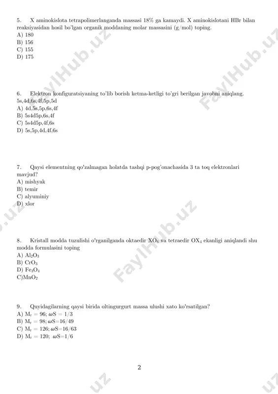 = 2%) a) 0,002 b) 0,004 c) 0,008 d) 0,016 12. quyidagilarning qaysi biri to'gri? 1) cs2, sf6, fcl, ccl4 molekulalarida fcl bog’i eng qutubli; 2) h2o molekulasiga nisbatdan h2s barqaror; 3) ketonlar tarkibida vodorod bog' bor; 4) benzol tarkibidagi barcha uglerodlar sp² gibridlangan. a) 1,2 b) 2,3 c) 1,4 d) 2,4 13. 42,8 g temir va noma’lum ii valentli metall o2 da yondirilganda massasi 12,8 g ga ortdi. xuddi shu aralashma hcl kislota bilan ta’sirlashganda 0,7 mol gaz ajraladi. metallni toping. a) zn b) fe c) cu d) cr 14. 15,5 g anilin toluolda eritildi va bu eritmaga hbr yuttirildi. natijada 200 g 3,1% li eritma hosil bo’ldi. eritmadan o'tkazilgan hbr massani (g) aniqlang. a) 8,1 b) 16,2 c) 32,4 d) 22,4 4 15. x g oq fosfor kalsiy bilan to’liq reaksiya kirishdi. x g qizil fosfor kclo3 bilan to'liq reaksiyaga kirishdi. ushbu ikki reaksiyada hosil bo’lgan fosforli birikmalar …