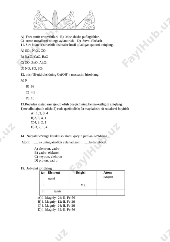 kli so‘zlarni qo‘yib jumlani to‘ldiring atom…….. va uning atrofida aylanadigan ……..lardan iborat. a) elektron, yadro b) yadro, elektron c) neytron, elektron d) proton, yadro 15. jadvalni to‘ldiring № element nomi belgisi atom raqam i mg ii temir a) i. magniy- 24; ii. fe-56 b) i. magniy- 12; ii. fe-26 c) i. magniy- 24; ii. fe-26 d) i. magniy- 12; ii. fe-56 image1.png image2.png image3.png