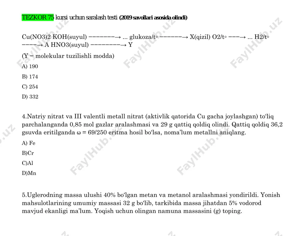 malari t=const) tezkor 75 kursi uchun saralash testi (2019 savollari asosida olindi) a)11:2 b)10:1 c)11:3 d)12:2 8)noma’lum uglevodorod stexiometrik nisbatdagi kislorodda yondirildi. olingan mahsulotlar ohakli suvga yuttirilganda 20 g cho‘kma tushdi va eritma massasi 8,5 g ga kamaydi. noma’lum uglevodorod quyidagilardan qaysi biri bo‘lishi mumkin? a) propan b) penten-1 c) butin-1 d) 2-metilpropen 9)qaysi jarayon natijasida eritmaning ph qiymati kamayadi? 1) suvda ammiak eritilganda; 2) ohakli suvga karbonat angidrid yuttirilganda; 3) ishqor eritmasi orqali vodorod xlorid o‘tkazilganda; 4) suvda metilamin eritilganda . a) 1, 3 b) 2, 4 c) 2, 3 tezkor 75 kursi uchun saralash testi (2019 savollari asosida olindi) d)1, 4 10.1,5m li mis(ii)-nitrat eritmasi mo‘l miqdorda tok bilan elektroliz qilingan da 4mli eritma hosilbo‘ldi.agar dastlabki eritma massasi 40g gakamaygan bo‘lsa,elektrolizdan so‘ng qancha(g)eritma qolganligini aniqlang (jarayonda eritma zichligi o’zgarmagan deb hisoblang) a)120 b)160 c)80 d)40 11.xlor gazi ikkiga ajratildi va birinchi qismi sovuq, ikkinchi qismi qaynoq o‘yuvchi natriy …