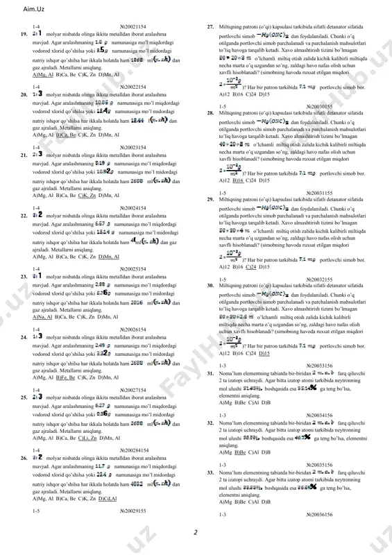 ng ekvivalent massalari nisbati mos ravishda bo’lsa, necha g b metall konsentrlangan xlorid kislota bilan ta’sirlashganda l gaz hosil bo’ladi? a)2,7 b)5,4 c)7,2 d)16,8 1-3 №20010152 8. mis xlorid eritmasiga va metal plastinkalar tushirildi. ma’lum vaqtdan so’ng, birinchi plastinkaning massasi g ga kamaydi, ikkinchi plastinkaning massasi esa ga ortdi. agar metallarning ekvivalent massalari nisbati mos ravishda bo’lsa, necha g a metall konsentrlangan xlorid kislota bilan ta’sirlashganda l gaz hosil bo’ladi? a)19,5 b)16,5 c)33,6 d)16,8 1-3 №20011152 9. mis xlorid eritmasiga va metal plastinkalar tushirildi. ma’lum vaqtdan so’ng, birinchi plastinkaning massasi g ga kamaydi, ikkinchi plastinkaning massasi esa ga ortdi. agar metallarning ekvivalent massalari nisbati mos ravishda bo’lsa, necha g b metall konsentrlangan xlorid kislota bilan ta’sirlashganda l gaz hosil bo’ladi? a)19,5 b)16,5 c)33,6 d)16,8 1-3 №20012152 10. mis xlorid eritmasiga va metal plastinkalar tushirildi. ma’lum vaqtdan so’ng, birinchi plastinkaning massasi g ga kamaydi, ikkinchi plastinkaning massasi esa ga ortdi. agar …
