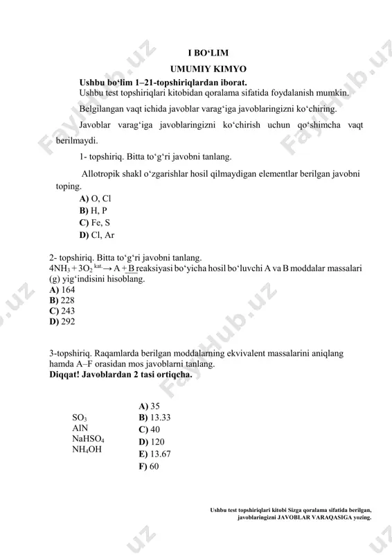 0 e) ar0 f) s2+ 5- topshiriq. masalani ishlang. javobingizni javoblar varaqasiga ko‘chiring. misning 64cu izotopidagi neytronlar soni qaysi atomning elektronlar soniga teng bo‘ladi? (kimyoviy element nomini yozing). 6- topshiriq. raqamlarda berilgan kvant sonlariga mos javoblarni a–f orasidan belgilang. diqqat! javoblardan 2 tasi ortiqcha. skandiy atomining valent d −elektroni uchun kvant son qiymatlarini moslab ko‘rsating. a) -2 i. bosh kvant soni ii. orbital kvant soni iii. spin kvant soni iv. magnit kvant soni b) 4 c) –1 d) 3 e) 2 f) 0,5 7- topshiriq. bitta to‘g‘ri javobni tanlang. 2,4–dimetilpentadiyen–1,3 molekulasi tarkibidagi kovalent qutbsiz va qutbli bog‘lar nisbatini aniqlang. a) 8:12 b) 7:1 c) 6:10 d) 5:12 8 11-topshiriq. masalani ishlang. javobingizni javoblar varaqasiga 8-topshiriq. diqqat! berilgan javoblardan 2 tasi to‘g‘ri grafit kristall panjara turi va undagi uglerod atomi orbitallari gibridlanish turini aniqlang. a) atom b) ion c) molekulyar d) sp2 e) metall f) sp3 9- topshiriq. bitta to‘g‘ri javobni …