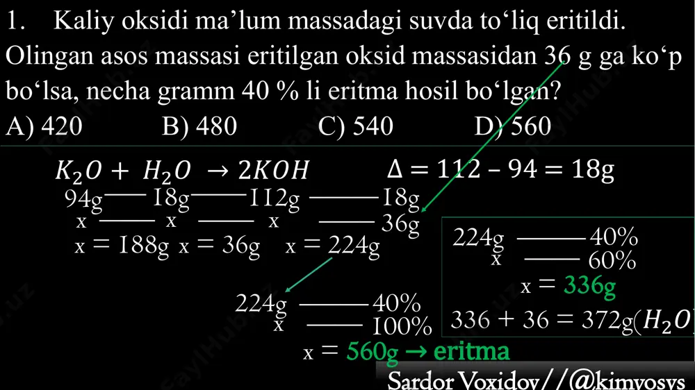 voxidov//@kimyosvssardor voxidov//@kimyosvs 7. kalsiy xlorid eritmasiga tegishli miqdorda na2co3 qo‘shilganda 100 g cho‘kma tushdi va 4 molyalli eritma hosil bo‘ldi. dastlabki kalsiy xlorid eritmasining massasini (g) aniqlang. a) 617 b) 500 c) 622 d) 611 111g ____ 106g ______100g ____ 2mol 100g111g ____ 106g ______ ____ x = 2mol 4mol _____1000g 2mol ____ x = 500g𝐶𝑎𝐶𝑙2 111g + 𝐻2𝑂 + 500g = 611g dastlabki eritma: 𝐵𝑎𝐶𝑙2 + 𝑁𝑎2𝑆𝑂4 → 𝐵𝑎𝑆𝑂4 + 2𝑁𝑎𝐶𝑙 nacl sardor voxidov//@kimyosvssardor voxidov//@kimyosvs bariy xlorid eritmasiga tegishli miqdorda na2so4 qo‘shilganda 69,9 g cho‘kma tushdi va 2,5 molyalli eritma hosil bo‘ldi. dastlabki bariy xlorid eritmasining massasini (g) aniqlang. a) 302,4 b) 289,6 c) 240 d) 611 208g ____ 142g ______233g ____ 2mol 69,9g62,4g ____ 42,6g______ ____ x = 0,6mol 2,5mol_____1000g 0,6mol____ x = 240g𝐵𝑎𝐶𝑙2 62,4g + 𝐻2𝑂 + 240g = 302,4g 2𝐴𝑔𝑁𝑂3 + 𝐶𝑎𝐶𝑙2 → 2𝐴𝑔𝐶𝑙 + 𝐶𝑎(𝑁𝑂3)2 ______ 1 litr − x 𝐶𝑎𝐶𝑙2 + 11. kumush nitrat …