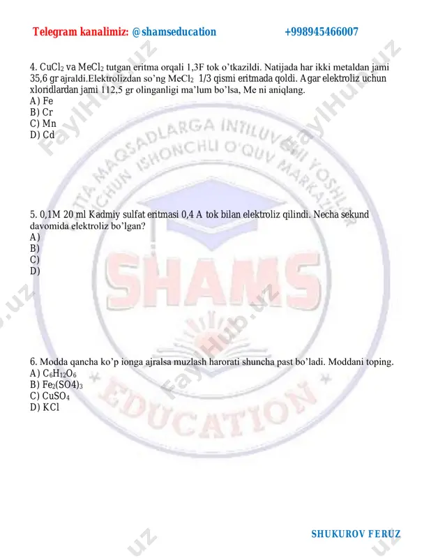 asi 32.4 gram boʻlsa va 0.27 mol efir olinsa uchinchi reaksiya unumini toping. a) b) c) d) 12. 4 mol alymuniy gidroksid va 5 mol sulfat kislotadan hosil bo’lgan tuzlarning massasi yig’indisini toping. a) 700 b) 750 c) 650 d) 622 telegram kanalimiz: @shamseducation +998945466007 shukurov feruz 13. 1,25 mol modda 367,5 g suvda eritilganda 25 % li eritma hosil bo’ldi. erigan modda molyar massasini toping. a) 80. b) 98. c) 112. d) 120 14. [ -ch²- ch - ]n | x polistirol bo’lishi uchun x qanday radikal bo’lishi kerak a) –ch3 b) -h c) –c2h5 d) –c6h5 15. 0,31 g x modda yonganda 0,224 litr co2 , 0,14 g azot va 0,025 mol suv hosil bo’ldi. hosil bo’lgan modda quyidagi qaysi moddalar (zn, koh, hcl) bilan reaksiyaga kirishadi. natijada hosil bo’lgan modda molyar massasini toping. a) 70 b) 67,5 c) 71,5 d) 60 telegram kanalimiz: @shamseducation +998945466007 shukurov feruz …