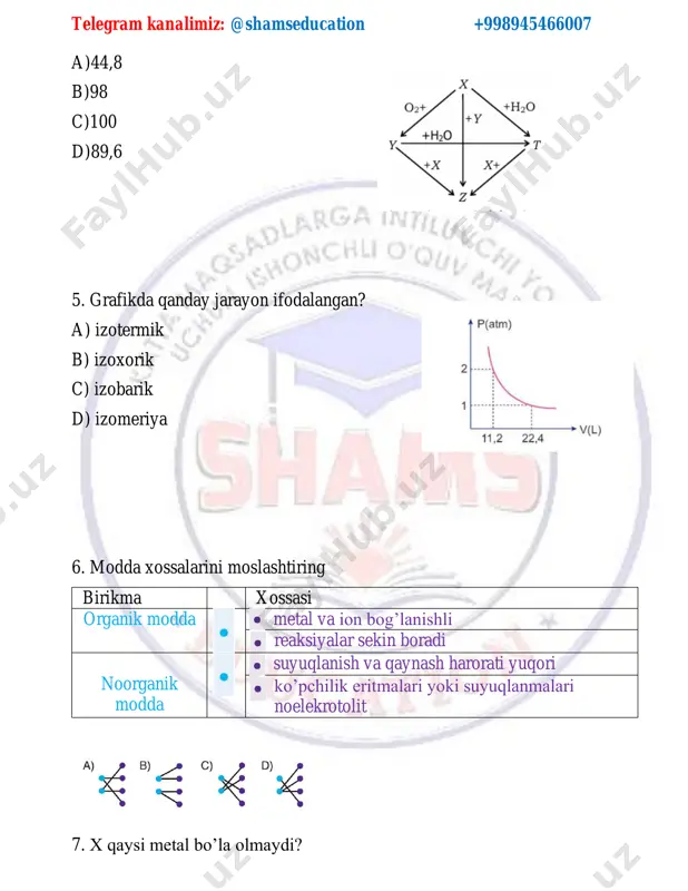 nfiguratsiya tuzing va ulardan mavjud bo’lmaganini toping. a) n = 4, l = 1, m1 = +1, ms = +1/2 b) n = 2, 1 = 1, m1 = 0, ms = -1/2 c) n = 1, 1 = 1, m1 = 0, ms = -1/2 d) n = 3, 1 = 0, m1 = 0, ms = +1/2 13. agar bir atomli ionlar a3+ va b3- lar izoelektron bo’lsa, va b0 ning elektron soni 15 ga teng bo’lsa a2+ ning elektron konfiguratsiyasi qanday bo’ladi? telegram kanalimiz: @shamseducation +998945466007 a) 1s2 2s2 2p6 3s2 3p6 4s2 4p1 b) 1s2 2s2 2p6 3s2 3p6 4s2 4p2 c) 1s2 2s2 2p6 3s2 3p6 3d1 d) 1s2 2s2 2p6 3s2 3p6 4s1 14. taklif etilgan ro'yxatdan molekulyar tuzilishga ega qutbsiz kovalent bog'lanishli moddalarni tanlang; 1) vodorod periks, 2) gipofosfor kislotasi, 3) natriy nitrat, 4) pirit, 5) oq fosfor a)2,5 b)1,2,5 c)3,4 d)1,5 15. …