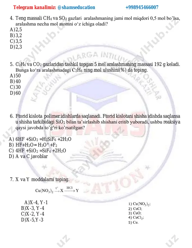 jmli idishdagi 2 atm bosimdagi 8,8 gramm n₂ox gazining 273°c da hajmi 4,48 litr bo‘lsa, x ning qiymati qanday? a) 4 b) 3 c) 2 d) 1 telegram kanalimiz: @shamseducation +998945466007 12. metallni rux bilan qoplash korroziyani qanday oldini oladi? a) rux himoya oksidi qatlami hosil qiladi b) rux suvda eriydi, metall bilan o'zaro ta'sirini oldini oladi c) rux metallning o'tkazuvchanligini oshiradi. d) rux muhitda zaharli birikmalar hosil qiladi 13. 3,01·1023 dona atom o‘ziga ega x2o3 birikmasi 7,6 g keladi. bunga ko‘ra x elementining atom massasi necha gramm? a) 75 b) 35,5 c) 14 d) 31 14. teng hajmli idishlarning birida ma'lum sharoitda suv, ikkinchisida sulfat kislota solingan bo'lib, har ikkala idishdagi umumiy h atomlari soni o atomlari sonidan 5/4 marta ko'p bo'lsa, sulfat kislota zichligini (g/ml) a)1,1 b)1,25 c)1,36 d)1,0 15. 1. x + o2→ xo2 2. y + 2h2o→ y(oh)2+h2 xo2(g) + y(oh)2(eritma) → yxo3(s) + h2o(s) xo2 …
