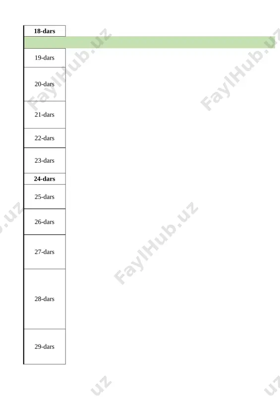 a to‘pni musht bilan urish yiqilishda to‘pni ilib olish. 1 18-dars 2-nazorat ishi. futbol 1 ii chorak 19-dars gimnastika. sakrashlar, cho‘qqayib o‘tirishlar, har xil yo‘nalishda egilish va tayanish mashqlar majmuasini bajarish. 1 20-dars gimnastika. akrobatika: o‘g‘il bolalar - oldinga, orqaga umbaloq oshish, kurakda turish. boshda tik turish (sherigi yordamida) qiz bolalar - oldinga, orqaga umbaloq oshish, yarim shpagatga tushish, yordam bilan tik turgan xolatdan “ko‘prik” xolatiga o‘tish. 1 21-dars gimnastika. akrobatika mashqlari: oldinga, orqaga umbaloq oshish; kuraklarda turish; sherigi yordamida boshda tik turish (o‘g‘il bolalar) “ko‘prik”. 2-3 ta mashqlardan iborat majmualarni bajarish. 1 22-dars gimnastika. osilishlar. baland va past turniklarda osilish mashqlarini bajarish. gimnastika narvonda tekis va bukilgan oyoqlarni 90° ko‘tarish va tushirish 1 23-dars gimnastika. osilishlar. turnikda oldinga orqaga tebranish. oldinga va orqaga siltanib sakrab tushish. baland (o‘g‘il bolalar) va past ( qiz bolalar) turniklarda tortilish. 1 24-dars 3-nazorat ishi. gimnastika. 1 25-dars gimnastika. tirmashib chiqish. gimnastik narvon bo‘ylab …