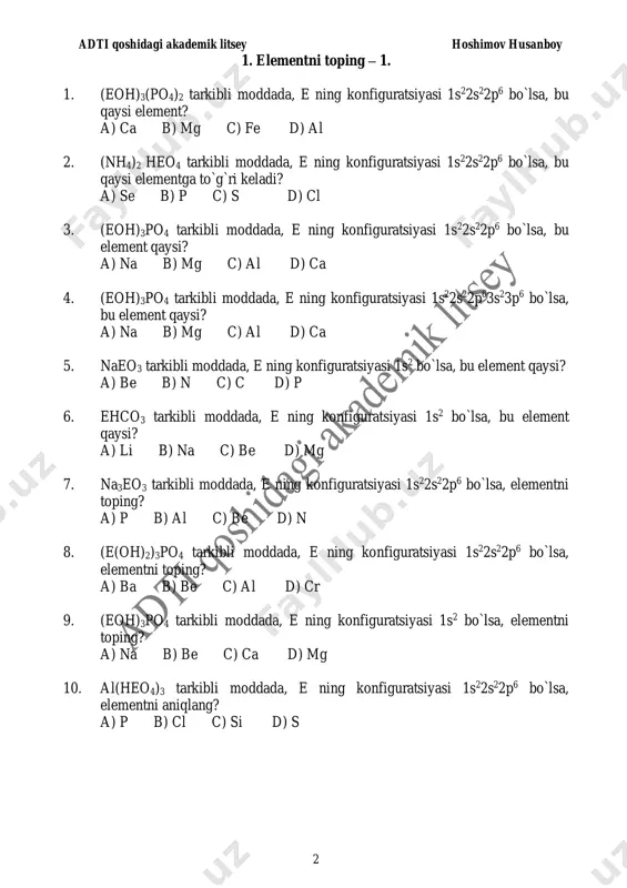 ysi elementning xlorli birikmasidagi massa ulushi 36 % ga teng. a) be b) al c) ca d) fe 7. qaysi elementning kislorodli birikmasidagi massa ulushi 36 %. a) be b) c c) si d) mg 8. qaysi element oksidlanganda massasi 3,667 marta ortadi. a) be b) c c) si d) n2 9. qaysi element oksidlanganda massasi 66,66 % ga ortadi. a) mg b) ca c) n2 d) si 10. qaysi element oksidlanganda massasi 40 % ga ortadi. a) ca b) mg c) c d) be adti qoshidagi akademik litsey hoshimov husanboy 4 3. ekvivalentga oid. 1. oksidda metallning ekvivalenti kislorod ekvivalentidan 3 marta katta bo`lsa, oksidning massasi metall massasidan necha marta katta. a) 2,67 b) 1,33 c) 3 d) 1,5 2. oksidda metall ekvivalenti kislorod ekvivalentidan 1,5 marta katta bo`lsa, oksidning massasi kislorod massasidan necha marta katta. a) 5 b) 2,5 c) 3 d) 1,33 3. metall sulfatida kislota qoldig`ining …