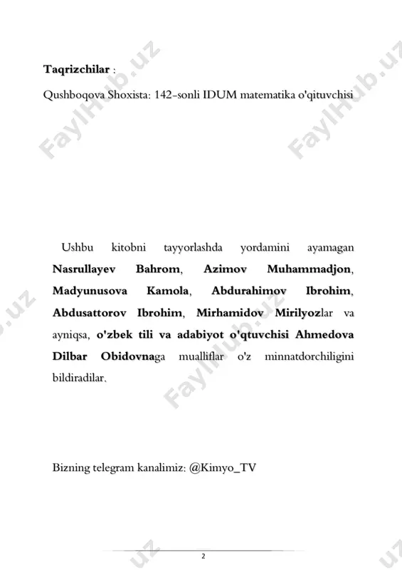 rayonida sizlarga oz bo'lsada yordam berish. harakat bizdan muvaffaqiyat esa robbimizdan, zero u bizga xatto ota- onamizdan ham mehribon zotdir. shunday ekan, undan bizga foydali bilim berishini va o'rganganlarimizni manfaatli qilishini, qilganlarimizni xolis o'zi uchun bo'lishini va bardavom qilishini so'rab qolamiz. sizlarga hurmat ila ikki dunyo saodatini tilab qoluvchi do'stlaringiz, hikmatullaev behzod va komiljonov abdulloh. fikr va mulohazalaringizni bizni telegram kanalimizga yuborishingiz mumkin. sizning fikrlaringiz bizni qiziqtiradi : @kimyo_tv 4 al-xorazmiyning ajoyib tenglamasi matematik olim al-xorazmiydan inson haqida so'rashganda olim shunday dedi : agar inson chiroyli xulq sohibi bo'lsa, u 1 ga teng agar chiroy sohibi bo'lsa, 1 ning yoniga 0 ni qo'sh =10 bo'ladi agar u boy bo'lsa, yana bir 0 ni qo'sh = 100 bo'ladi agar nasl–nasabli bo'lsa, yana bir 0 ni qo'sh = 1000 bo'ladi agar 1 raqami yo'q bo'lib ketsa, faqat 000 qoladi va ular hech qanday qiymatga ega bo'lmay qoladi !! 5 yaxlitlash usulida bir–biriga …