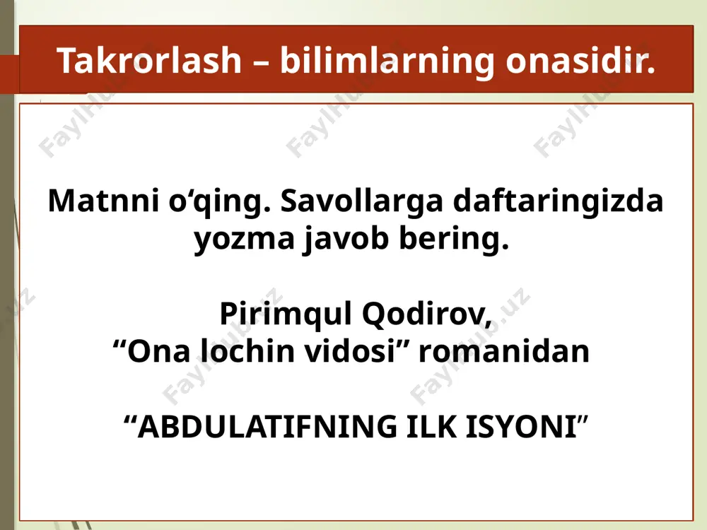 agi parchalarni o‘qing. ularning qaysi turga mansub ekanini toping. a) epik b) lirik c) dramatik 7. qalb bo‘lganda yiroqda iroda ekan ojiz. do‘stlar ham ko‘p atrofda, ammo men yakka-yolg‘iz... birdan qalbim keksarib, qon ham qochdi yuzimdan. sen, sirdoshni axtarib, xayol ketar izingdan. zulfiya 6–8. quyidagi parchalarni o‘qing. ularning qaysi turga mansub ekanini toping. a) epik b) lirik c) dramatik 8. otam bu hikoyasini boshlagan vaqtda mening vujudimni qo‘rquv o‘rab olar edi-da, ichimdan: “meni ham shunday jinlarga yo‘liqtirma”, deb tangriga yolborib qo‘yar edim. kecha xolam bizning uyga mehmon bo‘lib kelgan edi. kechasi oshdan keyin otam, oyim, xolam uchovlari choy ichishib o‘ltirar va o‘tgan-ketgandan so‘zlashar edilar. so‘z aylanib kelib yana o‘sha jinlar, parilar, devlar to‘g‘risida to‘xtadi. otam bo‘lsa, o‘zi ko‘rgan “jinlar bazmi”ni so‘zlashdan yana tiyilolmadi. otamning bu hikoyasi, yuqorida so‘zlaganimcha, mening uchun ortiqcha vahimali bo‘lganidan darrov o‘rnimga kirib, ko‘rpamga burkanib yotib oldim. otam menga bir kulib qaradi-da, “jinlar bazmi”dan so‘z ochdi ... …