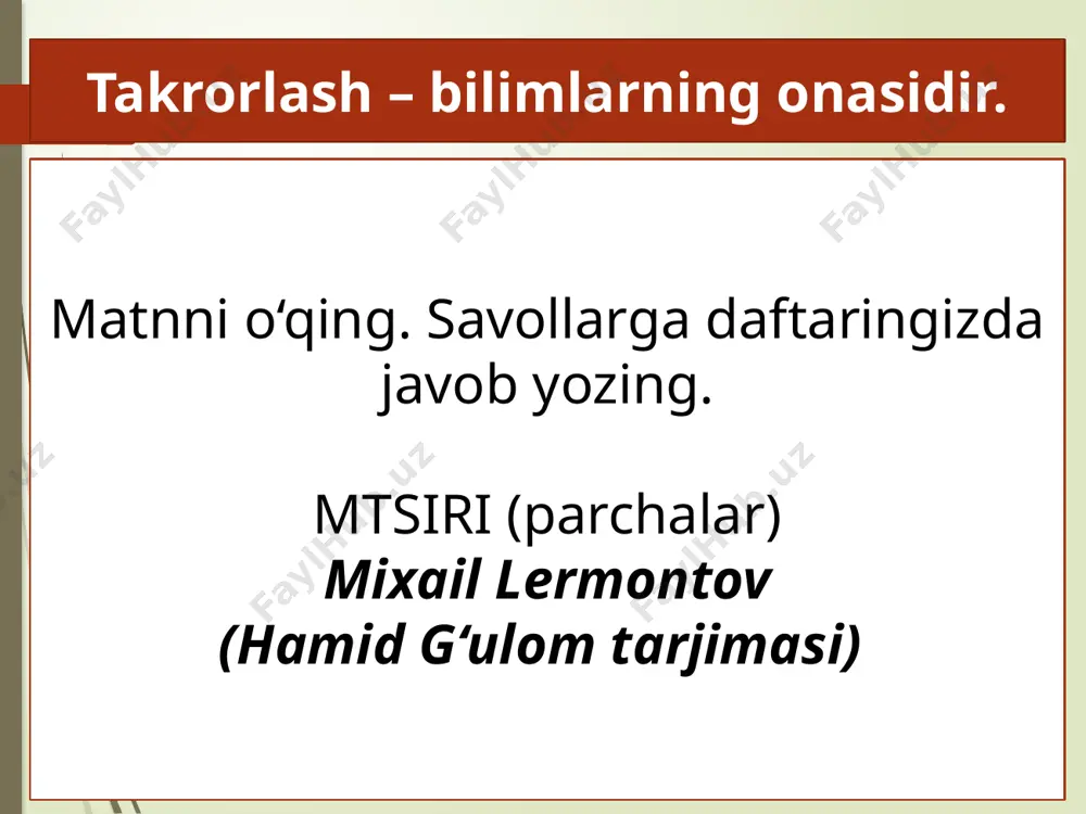 _____________________________________________________________________________________________________________________________________________________________________________________________________________________________________________________________________________________________ 8. asarda zidlantirish qo‘llangan o‘rinlarni toping. ____________________________________________________________________________________________________________________________________________________________________________________________________________________________________________________________________________________________________________________________________________________________ bu zidlantirishning asar g‘oyasini ochib berishdagiahamiyatini izohlang _______________________________________________________________________________________________________________________________________________________________________________________________________________________________________________________________________________________________________________________________________________________________________________________________________________________ 9. asarda retrospektiva qo‘llangan o‘rinni toping. muallif nima maqsadda retrospektiva usuliga murojaat qilganini izohlang. a) jonlantirish b) metafora c) sifatlash izoh: ___________________________________________________ ___________________________________________________ 10. “quchoqlashib aragva, kura shovqin solib qo‘shilgan yerda...” bu o‘rinda muallif qaysi badiiy tasvir vositasini qo‘llaganini aniqlang va uning qo‘llanishidan ko‘zlangan maqsadni izohlang. o‘zingizga baho bering. nechta savolga javob bera oldingiz? e’tiboringiz uchun rahmat foydalangan adabiyot adabiyot 7 [matn]: 7-sinf uchun darslik / z. i. mirzayeva, k. q. djalilov. – toshkent: respub -lika ta’lim markazi, 2022. – 224 b. ushbu taqdimot slaydi mahsulotidir. diqqat! ushbu mahsulotni tijoriy maqsadda ko‘paytirish javobgarlikka sabab bo‘ladi! image21