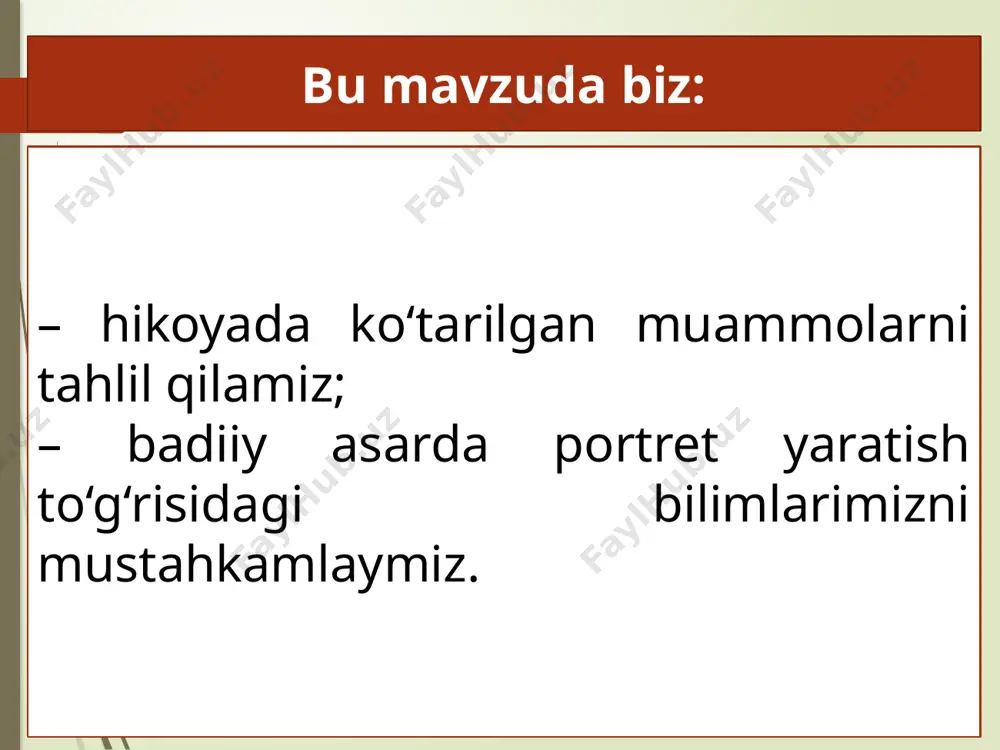 rza – ekinzorlar o‘rtasida tuproq uyib hosil qilingan chegara; egat amfibiya – suvda ham, quruqlikda ham yashaydigan jonivor yakandoz – bir qavatli uzun ko‘rpacha asar ichidan savollar 1. nima deb o‘ylaysiz, oila a’zolarining “baliqxo‘r kishi”ga munosabati qanday edi? otasi uni nima uchun tez-tez mehmonga chaqirardi? 2. nega ota sovuqqa qaramay o‘g‘illarini baliq tutishga jo‘natmoqchi bo‘ldi? o‘sha paytda akaning xayolidan nimalar kechgan bo‘lishi mumkin? 3. otaning tovushi, nigohi, harakatlari nima sababdan o‘zgardi? ona nimadan norozi edi? 4. tabiat va komil kayfiyati o‘rtasida qanday bog‘liqlik bor deb o‘ylaysiz? bu tasvirlar asarning keyingi voqealari rivojida qanday ahamiyat kasb etishi mumkin? asar ichidan savollar 5. komil o‘z jonini xatarga qo‘ymay, vaziyatni otasiga to‘g‘ri tushuntirishi mumkin edimi? nega u bunday qilmadi? uning bu harakatini qanday baholaysiz? 6. mehmonlar sizda qanday tasavvur uyg‘otdi? 7. onaga g‘azab bilan tikilgan otaning nega “ko‘zlari nursizlanib, rangi oqarib ketdi”? 8. ota nega o‘zgarib qoldi? nima uchun farzandlarini sizlay boshladi? muhokama …