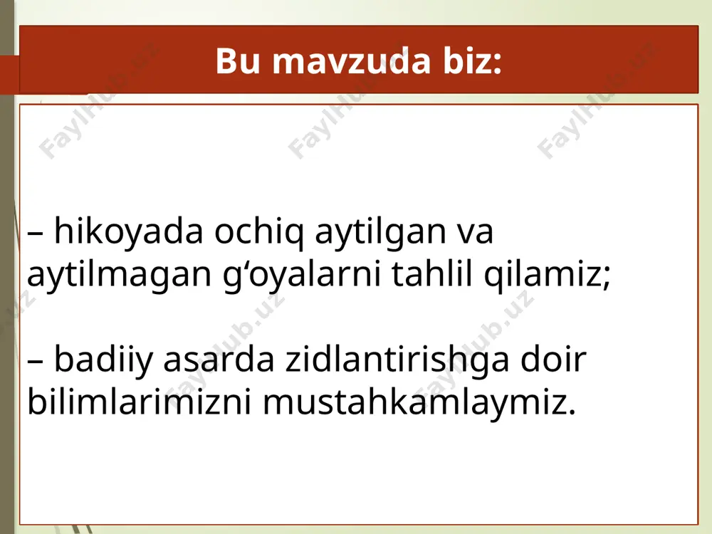 sidagi ziddiyatlar nimaga xizmat qilmoqda? asar haqida hov naridagi ko‘prik ustida qiy-chuv qilib o‘ynayotgan bolalarning ovozi xayolini bo‘ldi. daryo uzra yo‘l solgan bu ko‘prik uning bolalik paytlarida hali qurilmagandi, odamlar-u ot-ulovlar kechuvdan o‘tishardi. yillarning shitobini qarangki, qirq yilning nari-berisida qurilgan mana shu ko‘prik ham go‘yo azaldan bor bo‘lganday tuyuladi. tinmay qiyqirayotgan anovi tirmizaklar bu haqda o‘ylab ham o‘tirishmaydi, ularga o‘yin topilib tursa bas. nima, sen bola bo‘lmaganmisan, deya yandi o‘zini o‘zi, o‘ynamaganmisan? o‘ynagandayam barchani besaranjom qilib o‘ynarding – sho‘x eding-da. u bilinar-bilinmas jilmaydi. asarda ishlatilgan atamalar nimcha – “namuncha” demoqchi jijisiminan – “chaqalog‘i bilan” demoqchi dilbuzar – “televizor” demoqchi buvi – “ona” demoqchi asar ichidan savollar ota va o‘g‘il o‘rtasidagi munosabatlarga qanday baho berasiz? fikringizni matn asosida dalillang. nega chol faqat o‘g‘liga tanbeh berish bilan chegaralandi? otaning farzandlar oldida janjallashish noma’qul, deyishi sabablarini qanday izohlaysiz? sizningcha, chol qanday “maylis” uyushtirmoqchi? nega kenja o‘g‘il otasiga “prezident” deb murojaat qildi? nima uchun …