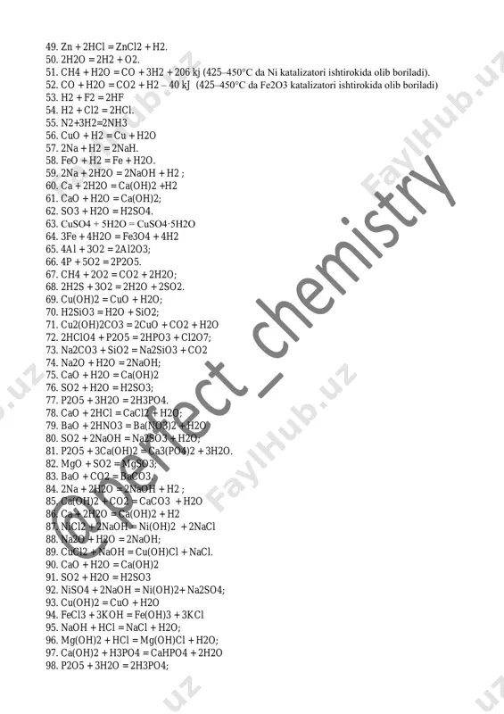 oh)2 76. so2 + h2o = h2so3; 77. p2o5 + 3h2o = 2h3po4. 78. cao + 2hcl = cacl2 + h2o; 79. bao + 2hno3 = ba(no3)2 + h2o 80. so2 + 2naoh = na2so3 + h2o; 81. p2o5 + 3ca(oh)2 = ca3(po4)2 + 3h2o. 82. mgo + so2 = mgso3; 83. bao + co2 = baco3. 84. 2na + 2h2o = 2naoh + h2 ; 85. ca(oh)2 + co2 = caco3 + h2o 86. ca + 2h2o = ca(oh)2 + h2 87. nicl2 + 2naoh = ni(oh)2 + 2nacl 88. na2o + h2o = 2naoh; 89. cucl2 + naoh = cu(oh)cl + nacl. 90. cao + h2o = ca(oh)2 91. so2 + h2o = h2so3 92. niso4 + 2naoh = ni(oh)2+ na2so4; 93. cu(oh)2 = cuo + h2o 94. fecl3 + 3koh = fe(oh)3 + 3kcl 95. naoh + hcl = nacl + h2o; 96. mg(oh)2 + hcl = …