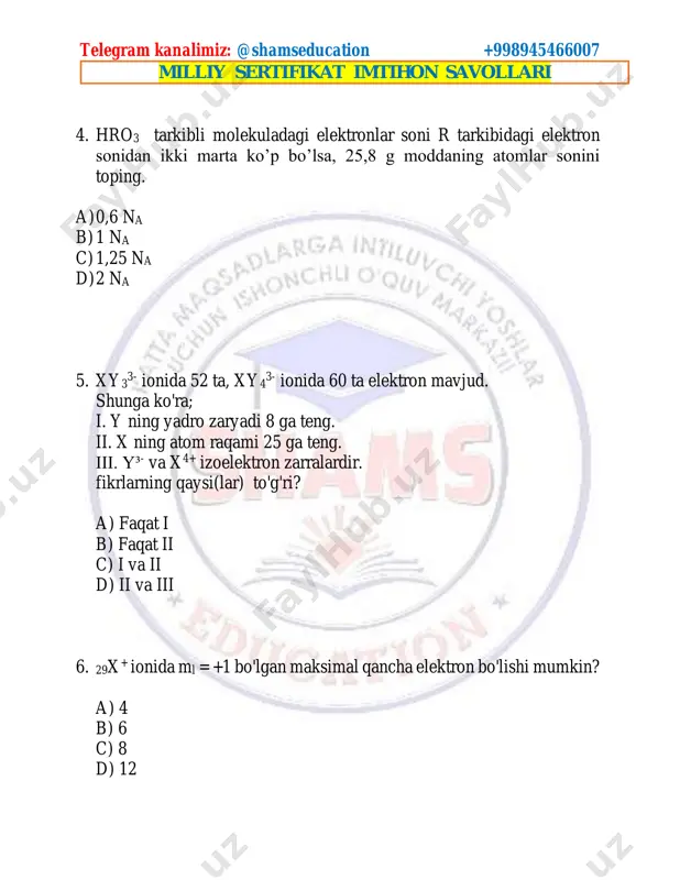 masining molyar konsentratsiyasi qanday bo‘ladi? telegram kanalimiz: @shamseducation +998945466007 milliy sertifikat imtihon savollari a) 0,3 b) 0,4 c) 0,2 d) 0,5 10. no2+h2o+o2=hno3 reaksiyada moddalarning vaqt va mol miqdorlari o’zgarishi ifodalangan grafikdagi a va x moddani toping. a) 0,8 mol no2 b) 0,4 mol h2o c) 0,2 mol o2 d) 0,1 mol no2 11. metil spirti (ch3oh) bilan tayyorlangan suvli eritmaning molyar konsentratsiyasi 4,5 m, eritmaning zichligi 0,9 g/ml. shunga ko'ra, eritmada metil spirtining massa bo'yicha necha foizi bor? a) 18 b) 16 c) 20 d) 25 telegram kanalimiz: @shamseducation +998945466007 milliy sertifikat imtihon savollari 12. fe + h2so4(kons)=a + b + c reaksiyadan olingan a, b va c moddalar aralashmasidagi qutbli kovalent bog’larning mollari yig indisini grafik bo’yicha hisoblang. a) 18 b) 16 c) 20 d) 21 vaqt 13. kno3+s+c=k2s+co2+n2 reaksiya tenglamasidagi oksidlovchi va qaytaruvchilarning koefitsiyentlari yig’indisini toping. a) 9 b) 7 c) 21 d) 6 14. bir moldan …