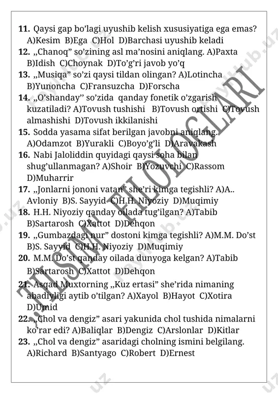 tug’ilgan? a)tabib b)sartarosh c)xattot d)dehqon 19. ,,gumbazdagi nur” dostoni kimga tegishli? a)m.m. do’st b)s. sayyid c)h.h. niyoziy d)muqimiy 20. m.m. do’st qanday oilada dunyoga kelgan? a)tabib b)sartarosh c)xattot d)dehqon 21. asqad muxtorning ,,kuz ertasi” she’rida nimaning abadiyligi aytib o’tilgan? a)xayol b)hayot c)xotira d)umid 22. ,,chol va dengiz” asari yakunida chol tushida nimalarni ko’rar edi? a)baliqlar b)dengiz c)arslonlar d)kitlar 23. ,,chol va dengiz” asaridagi cholning ismini belgilang. a)richard b)santyago c)robert d)ernest 24. ,,lobo” asarini kim o’zbekchaga tarjima qilgan? a)tog’ay murod b)mirtemir c)asqad muxtor d)jamol kamol 25. e.s. tompson quyidagi qaysi soh abilan shug’ullanmagan? a)yozuvchi b)rassom c)tabiatshunos d)jurnalist 26. ,,bahor keldi seni so’roqlab” she’ri kimga tegishli? a)hamid olimjon b)zulfiya c)mirtemir d)asqad muxtor 27. zulfiya qanday oilada dunyoga kelgan? a)tabib b)sartarosh c)temirchi d)dehqon 28. kim o’z asarida retrostektiva usulidan foydalangan? a)zulfiya b)e.s. tompson c)n. norqobilov d)e. xeminguey 29. ,,hovlidagi daraxt” asarida bolalar daraxtni qaysi mevali daraxtga o’xshatishgan? a)olma b)o’rik c)gilos d)nok 30. [bookmark: …