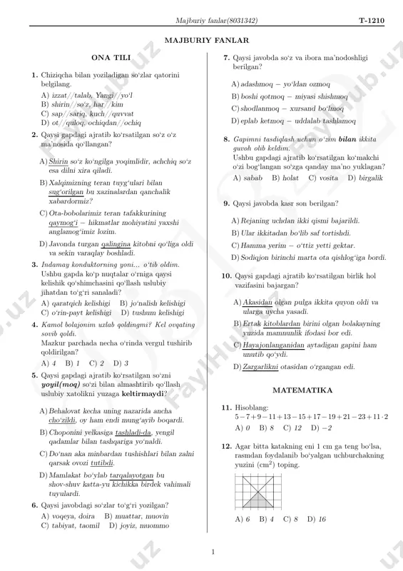 i? a) qaratqich kelishigi b) jo‘nalish kelishigi c) o‘rin-payt kelishigi d) tushum kelishigi 4. kamol bolajonim uxlab qoldingmi? kel ovqating sovib qoldi. mazkur parchada necha o‘rinda vergul tushirib qoldirilgan? a) 4 b) 1 c) 2 d) 3 5. qaysi gapdagi ajratib ko‘rsatilgan so‘zni yoyil(moq) so‘zi bilan almashtirib qo‘llash uslubiy xatolikni yuzaga keltirmaydi? a)behalovat kecha uning nazarida ancha cho‘zildi, oy ham endi mung‘ayib boqardi. b)choponini yelkasiga tashladi-da, yengil qadamlar bilan tashqariga yo‘naldi. c)do‘nan aka minbardan tushishlari bilan zalni qarsak ovozi tutibdi. d)mamlakat bo‘ylab tarqalayotgan bu shov-shuv katta-yu kichikka birdek vahimali tuyulardi. 6. qaysi javobdagi so‘zlar to‘g‘ri yozilgan? a) voqeya, doira b) muattar, muovin c) tabiyat, taomil d) joyiz, muommo 7. qaysi javobda so‘z va ibora ma’nodoshligi berilgan? a)adashmoq − yo‘ldan ozmoq b)boshi qotmoq − miyasi shishmoq c) shodlanmoq − xursand bo‘lmoq d)eplab ketmoq − uddalab tashlamoq 8. gapimni tasdiqlash uchun o‘zim bilan ikkita guvoh olib keldim. ushbu gapdagi ajratib ko‘rsatilgan ko‘makchi …