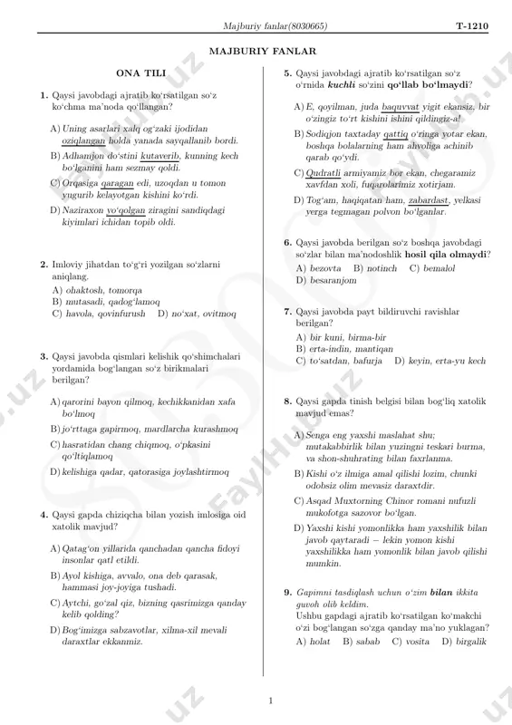 chang chiqmoq, o‘pkasini qo‘ltiqlamoq d)kelishiga qadar, qatorasiga joylashtirmoq 4. qaysi gapda chiziqcha bilan yozish imlosiga oid xatolik mavjud? a)qatag‘on yillarida qanchadan qancha fidoyi insonlar qatl etildi. b)ayol kishiga, avvalo, ona deb qarasak, hammasi joy-joyiga tushadi. c)aytchi, go‘zal qiz, bizning qasrimizga qanday kelib qolding? d)bog‘imizga sabzavotlar, xilma-xil mevali daraxtlar ekkanmiz. 5. qaysi javobdagi ajratib ko‘rsatilgan so‘z o‘rnida kuchli so‘zini qo‘llab bo‘lmaydi? a)e, qoyilman, juda baquvvat yigit ekansiz, bir o‘zingiz to‘rt kishini ishini qildingiz-a! b)sodiqjon taxtaday qattiq o‘ringa yotar ekan, boshqa bolalarning ham ahvoliga achinib qarab qo‘ydi. c)qudratli armiyamiz bor ekan, chegaramiz xavfdan xoli, fuqarolarimiz xotirjam. d)tog‘am, haqiqatan ham, zabardast, yelkasi yerga tegmagan polvon bo‘lganlar. 6. qaysi javobda berilgan so‘z boshqa javobdagi so‘zlar bilan ma’nodoshlik hosil qila olmaydi? a) bezovta b) notinch c) bemalol d) besaranjom 7. qaysi javobda payt bildiruvchi ravishlar berilgan? a) bir kuni, birma-bir b) erta-indin, mantiqan c) to‘satdan, bafurja d) keyin, erta-yu kech 8. qaysi gapda tinish belgisi …