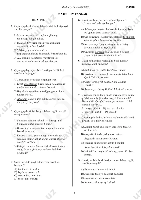 harakat qilingki − birovga yuk bo‘lmang balki hamroh bo‘ling. b)hayotning boshqalar ko‘rmagan tomonini ko‘rish − talant. c)kishini g‘azab yoki shunga o‘xshash his egallasa; uning qabul qilgan qarori albatta noto‘g‘ri bo‘ladi. d)kelajak bundan buyon ikki xil toifa kishilar: aqliy, hamda jismoniy mehnat kishilari qo‘lidadir. 4. qaysi javobda payt bildiruvchi ravishlar berilgan? a) bir kuni, birma-bir b) keyin, erta-yu kech c) erta-indin, mantiqan d) to‘satdan, bafurja 5. qaysi javobdagi ajratib ko‘rsatilgan so‘z ko‘chma ma’noda qo‘llangan? a)adhamjon do‘stini kutaverib, kunning kech bo‘lganini ham sezmay qoldi. b)qir-adirlarga lolaqizg‘aldoqlardan to‘shalgan qirmizi gilam ko‘zlarni quvontiradi. c)naziraxon yo‘qolgan ziragini sandiqdagi kiyimlari ichidan topib oldi. d)orqasiga qaragan edi, uzoqdan u tomon yugurib kelayotgan kishini ko‘rdi. 6. qaysi so‘zlarning yozilishida bosh harflar imlosiga amal qilingan? a)kichik osiyo, katta farg‘ona kanali b)1-oktabr − o‘qituvchi va murabbiylar kuni, quyi chirchiq tumani c)osiyo taraqqiyot banki, xalq ta’limi vazirligi d)amudaryo, “xalq ta’limi a’lochisi” unvoni 7. quyidagi gapda ko‘p nuqta o‘rniga qaysi so‘zni qo‘yish …