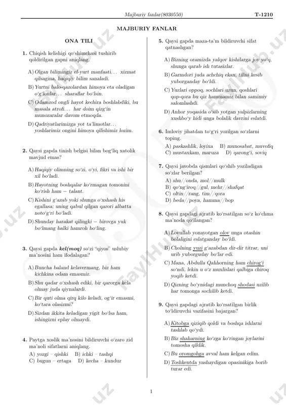 hunday harakat qilingki − birovga yuk bo‘lmang balki hamroh bo‘ling. 3. qaysi gapda kel(moq) so‘zi “qiyos” uslubiy ma’nosini ham ifodalagan? a)buncha baland kelavermang, biz ham kichkina odam emasmiz. b)shu qadar o‘xshash ediki, bir qarorga kela olmay juda qiynalardi. c)bir quti olma qirq kilo keladi, og‘ir emasmi, ko‘tara olasizmi? d)sizdan ikkita keladigan yigit bo‘lsa ham, ishingizni eplay olmaydi. 4. paytga xoslik ma’nosini bildiruvchi o‘zaro zid ma’noli sifatlarni aniqlang. a) yozgi – qishki b) ichki – tashqi c) bugun – ertaga d) kecha – kunduz 5. qaysi gapda maza-ta’m bildiruvchi sifat qatnashgan? a)bizning oramizda yalqov kishilarga joy yo‘q, shunga qarab ish tutasizlar. b)garmdori juda achchiq ekan, tilini kesib yuborganday bo‘ldi. c)yuzlari oppoq, sochlari uzun, qoshlari qop-qora bu qiz hammamiz bilan samimiy salomlashdi. d)anhor yoqasida o‘sib yotgan yalpizlarning xushbo‘y hidi unga bolalik davrini eslatdi. 6. imloviy jihatdan to‘g‘ri yozilgan so‘zlarni toping. a) paskashlik, loyixa b) munosabat, muvofiq c) mustaxkam, maruza d) qarong‘i, soviq …