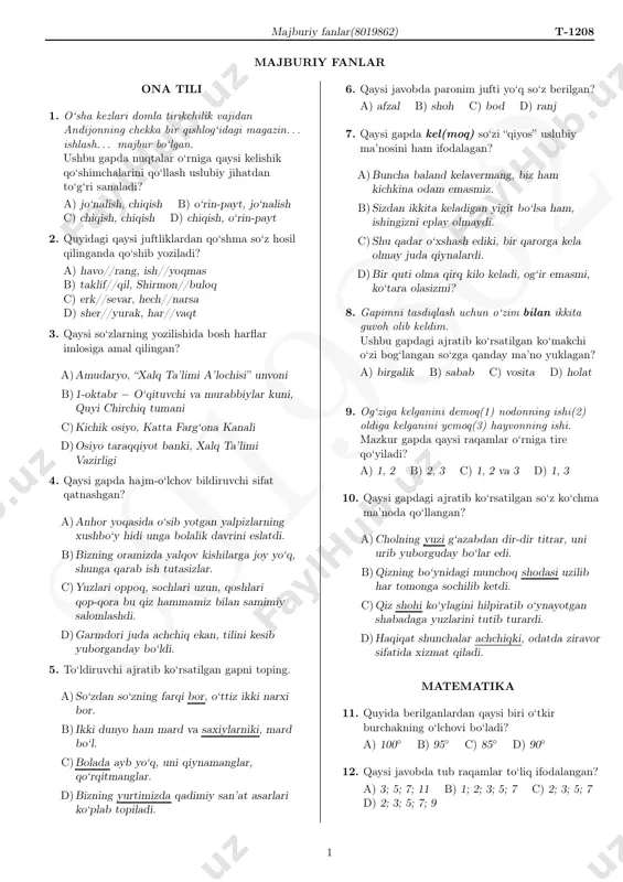 d)osiyo taraqqiyot banki, xalq ta’limi vazirligi 4. qaysi gapda hajm-o‘lchov bildiruvchi sifat qatnashgan? a)anhor yoqasida o‘sib yotgan yalpizlarning xushbo‘y hidi unga bolalik davrini eslatdi. b)bizning oramizda yalqov kishilarga joy yo‘q, shunga qarab ish tutasizlar. c)yuzlari oppoq, sochlari uzun, qoshlari qop-qora bu qiz hammamiz bilan samimiy salomlashdi. d)garmdori juda achchiq ekan, tilini kesib yuborganday bo‘ldi. 5. to‘ldiruvchi ajratib ko‘rsatilgan gapni toping. a)so‘zdan so‘zning farqi bor, o‘ttiz ikki narxi bor. b) ikki dunyo ham mard va saxiylarniki, mard bo‘l. c)bolada ayb yo‘q, uni qiynamanglar, qo‘rqitmanglar. d)bizning yurtimizda qadimiy san’at asarlari ko‘plab topiladi. 6. qaysi javobda paronim jufti yo‘q so‘z berilgan? a) afzal b) shoh c) bod d) ranj 7. qaysi gapda kel(moq) so‘zi “qiyos” uslubiy ma’nosini ham ifodalagan? a)buncha baland kelavermang, biz ham kichkina odam emasmiz. b)sizdan ikkita keladigan yigit bo‘lsa ham, ishingizni eplay olmaydi. c)shu qadar o‘xshash ediki, bir qarorga kela olmay juda qiynalardi. d)bir quti olma qirq kilo keladi, og‘ir …