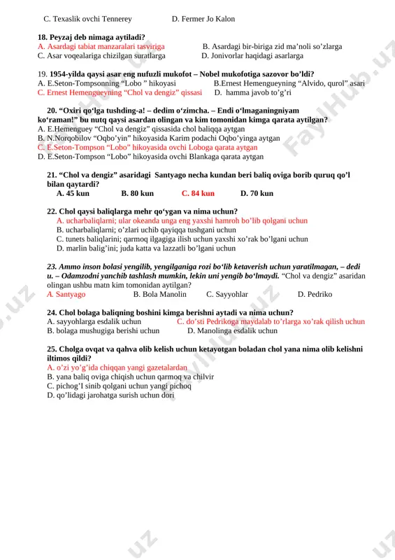 irish, tazod c. o’xshatish d. tagma’no 12. muallif asar voqealarini bayon qilishda ularning xronologik (vaqt bo‘yicha) tartibini buzishi – voqea davomida oldinroq bo‘lib o‘tgan hodisalarga qaytishi nima deyiladi? a. zidlantirish, tazod b. o’xshatish c. tagma’no d. retrospektiva 13. o, ona tabiat! sen bilan yak sonman, sen mening erkimsan, mening qafasim. a.muxtorning “oliy butunlik” she’ridan olingan bu parchada qanday she’riy san’at qo’llangan? a. tagma’no b. zidlantirish, tazod c. o’xshatish d. sifatlash 14. “lobo” hikoyasini kim tarjima qilgan? a. asqad muxtor b. n. norqobilov c. tog’ay murod d.e.seton-tompson 15. lobo birdaniga uch musibatga duch keldi. bu musibatlar nima edi? a. u erkidan, kuch-qudratidan, sevimli yoridan ayrildi b. blankadan ayrildi, qopqonga tushdi, zaharli pishloqni yeb qo’ydi c. ovchining tuzog’iga tushdi, qashqirlar to’dasiga duch keldi, bolalarini ovchilar o’ldirdi d. sehr –afsunga duch keldi, blanka qopqonga tushdi, to’dasidagi bo’rilar qochib ketdi. 16. “lobo” hikoyasida ovchi buzoq kallasi atrofidan yana nimani sudrab aylantirib chiqdi? a. blankaning …