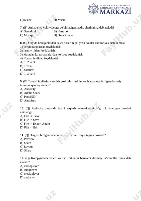 file -> edit 11. (q) tayyor bo‘lgan videoni ko‘rish uchun qaysi tugma bosiladi? a) preview b) share c) layout d) share 12. (q) kompyuterda video ko‘rish imkonini beruvchi dasturiy ta’minotlar nima deb ataladi? a) audiopleyer b) autopleyer c) mediapleyer d) audocity 13. (b) nuqtalar o‘rnini to‘ldiring: … – internetdan ma’lumotlarni shaxsiy kompyuterga ko‘chirib olish. a) preview b) save c) download d) insert blank 14. (q) pikselizatsiya jarayoni(asosan) qanday tasvirlar uchun o‘rinli? a) vektorli tasvirlar uchun b) rastrli tasvirlar uchun c) fayl kengaytmasi.cdr yoki .ai bo’lgan fayllar uchun d) a va c javoblar to’g‘ri 15. (m) o‘quvchi adobe spark dasturida kadr yaratayotganida mikrofon tugmasini ko‘rib qoldi. bu tugmani bosgan edi, kompyuter “adobe spark mikrofondan foydalansinmi?” degan ruxsatni so‘radi. o‘quvchi adobe spark dasturini mikrofondan foydalanishiga ruxsat berdi. ovoz yozish uchun quyidagi vazifalar ketma-ketligini to‘g‘ri tartiblang. 1) mikrofon tugmasi ustiga sichqoncha kursorini olib boring; 2) sichqonchaning chap tugamasini bosib turing; 3) mikrofonga gapiring; …