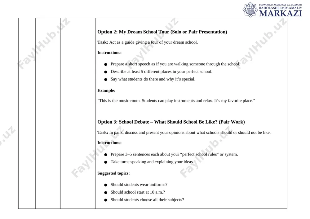 nt giving ideas. instructions: · create a short conversation where the student shares ideas about making the school better. · use questions and suggestions. useful phrases: · "can we have…?" · "i think we should…" · "that’s a good idea." · "sorry, we can’t do that because…" vocabulary grammar and sentence use fluency and pronounciation [bookmark: _heading=h.w3sbe3vzjjdo]communication and presentation assessment criteria for project: (25 points) criteria excellent (5) good (4) satisfactory (3) needs improvement (2) poor (1) fluency & pronunciation (5) speaks clearly and confidently with natural flow. no hesitation. pronunciation is easy to understand. speaks mostly fluently with minor pauses. pronunciation is mostly clear. some hesitation or unclear pronunciation, but meaning is understandable. frequent pauses or mispronunciation. speech is difficult to follow at times. speech is hard to understand due to many pauses and unclear pronunciation. vocabulary usage (5) uses a variety of school-related words correctly (e.g., subjects, rules, …