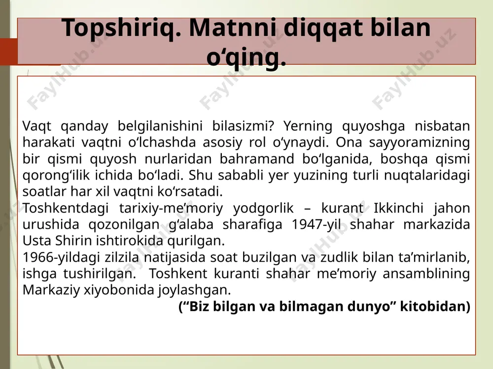 a joylash…an soatlar uyida ko‘rish mu..kin. bu yer-dagi “labbaychi soatlar” vaqt..i ani... ko‘rsatadi va yoqimli ovoz bilan odamlarni xushnu… etadi. 55-mashq. vaqt qadri haqidagi maqollarni ko‘chiring va sharhlang. 1. vaqting ketdi – naqding ketdi. 2. vaqt qush kabidir, uchib ketsa, tutolmaysan. 3. ertangi ishga bugun reja tuz. 4. bugungi ishni ertaga qo‘yma. 56-mashq. k tovushi bilan boshlanib, k tovushida tugaydigan so‘zlar asosida tuzilgan boshqotirmani yeching. 1. zarur, darkor 2. teshik, o‘yiq joy 3. yovvoyi hayvon 4. tanlov, musobaqa 57-mashq. uyga vazifa uydagi kattalar bilan maslahatlashib, “vaqtning qadriga yeting” mavzusida matn yarating. e’tiboringiz uchun rahmat! foydalanilgan adabiyot: n. mahmudov, a. sobirov, sh. sattorov, sh. toshmirzayeva, d. mannopova. ona tili. umumiy o‘rta ta’lim maktablarining 5-sinfi uchun darslik. g‘afur g‘ulom nomidagi nashriyot-matbaa ijodiy uyi. toshkent– 2020 ushbu taqdimot slaydi mahsulotidir. diqqat! ushbu mahsulotni tijoriy maqsadda ko‘paytirish javobgarlikka sabab bo‘ladi! image3.jpeg image4.png image12.png image25.jpg image17.png image26.jpg image18.png image6.png image7.png image10.png image14.png