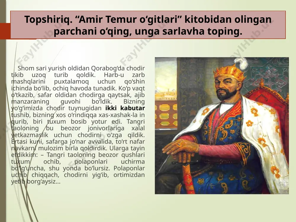 kishi yurtida sulton bo‘lguncha, o‘z yurtingda ulton (cho‘pon) bo‘l. 2. bolta tushguncha, kunda dam olar. 3. da’vogar sust bo‘lsa, qozi muttaham. 4. bo‘zchining mokisidek serqatnov bo‘lib qolmoq. 5. igna bilan bitadigan ishga juvoldiz ishlatmoq. 301-mashq. uyga vazifa amir temurning to‘xtamishxon bilan bo‘lgan jangidan olingan tasvirni kuzating. sovut, dubulg‘a, palaxmon, zirh, nayza, paykon, kamon kabi so‘zlarning izohini topib ular ishtirokida gaplar tuzing. e’tiboringiz uchun rahmat! foydalanilgan adabiyot: n. mahmudov, a. sobirov, sh. sattorov, sh. toshmirzayeva, d. mannopova. ona tili. umumiy o‘rta ta’lim maktablarining 5-sinfi uchun darslik. g‘afur g‘ulom nomidagi nashriyot-matbaa ijodiy uyi. toshkent– 2020 ushbu taqdimot slaydi mahsulotidir. diqqat! ushbu mahsulotni tijoriy maqsadda ko‘paytirish javobgarlikka sabab bo‘ladi! image3.jpeg image4.png image19.jpg image8.png image20.jpg image5.jpeg image10.png image11.png
