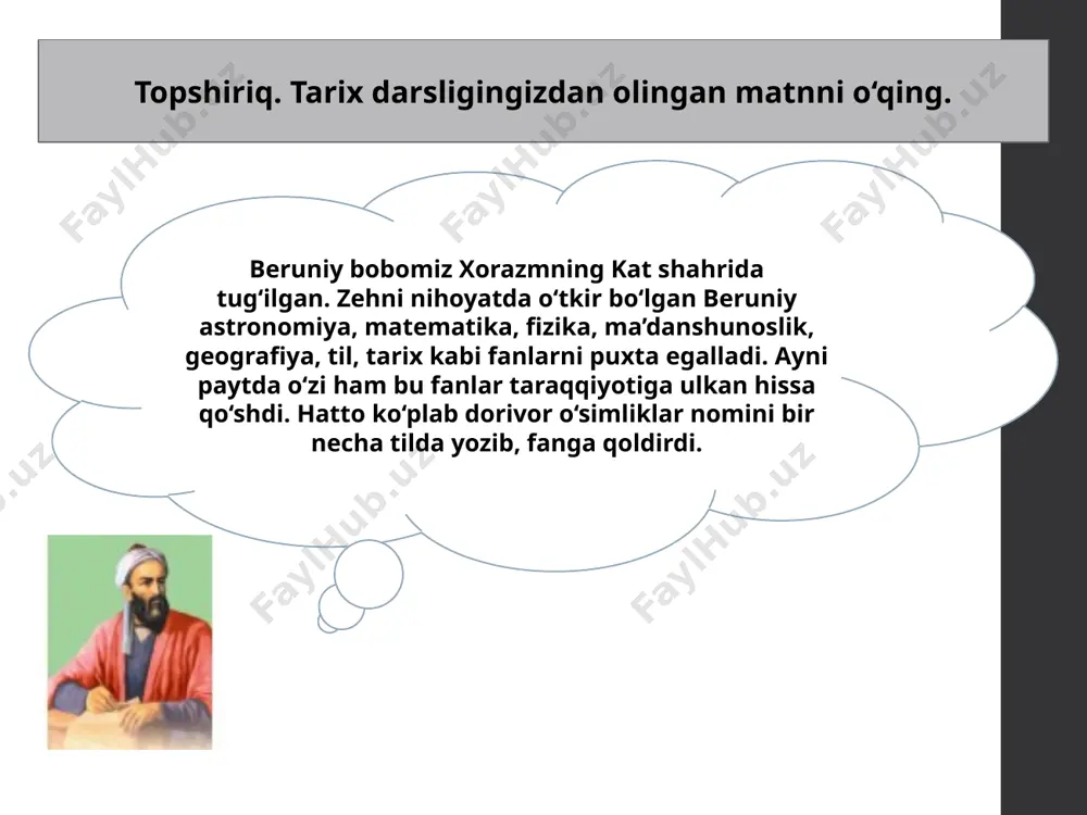 i yuqoridagi matnda qo‘llangan edi? 1. i. y. krachkovskiy: “beruniyning ilmda qiziqqan sohalaridan ko‘ra qiziqmagan sohalarini sanab o‘tish osondir”, – degan edi. 2. “xi asr beruniy asridir”, deb yozgan edi aqshning fanlar tarixi bilan shug‘ullanuvchi olimi jorj sarton. 3. g‘arb tadqiqotchisi meyerxoff shunday degan: “beruniy musulmon (sharq) fanini namoyish etuvchi qomusiy olimlarning eng mashhuridir”. boshqalarning hech o‘zgarishsiz ishlatilgan gapi ko‘chirma gap deyiladi.ko‘chirma gap muallif gapi bilan birga qo‘llanadi. ko‘chirma gap qo‘shtirnoqqa olinadi: “yurtimizdan dunyo ilm-fani taraqqiyotiga beqiyos hissa qo‘shgan buyuk mutafakkirlar yetishib chiqqan. yoshlarni ularga munosib ma’rifatli, ilmli qilib tarbiyalashimiz lozim”, degan prezidentimiz shavkat mirziyoyev. 438-mashq. qo‘shtirnoqning qo‘yilish sabablarini izohlang. 1. “hayrat ul-abror” asari haqida suhbatlashdik. 2. akam – “yosh tabiatshunoslar” klubi faollaridan. 3. alisher navoiy shunday degan edi: “tilingni hamisha nazoratingda tut. so‘zingni ehtiyot bo‘lib so‘zla.” 439-mashq. uyga vazifa. 1. abu rayhon beruniy asarlaridan 5 tasi ning nomini yozing. 2. qayerlarga ulug‘ bobomiz nomi berilgani bilan qiziqib ko‘ring. e’tiboringiz …