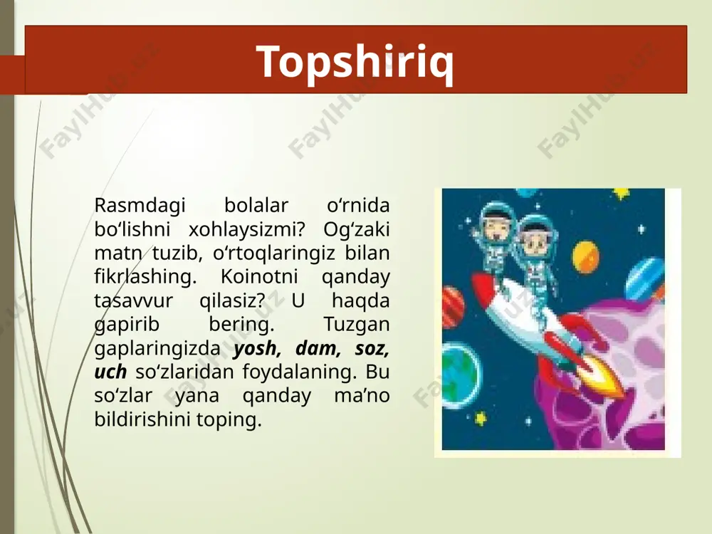 o‘zga sayyoralik – yot odamlarga termilib qoldi. ominaxon darslarini tayyorlab bo‘lgach, uyquga yotdi. 271-mashq. uyga vazifa. 3, 40, 100sonlarining berilgan rasmlarga qanday aloqasi bor? ushbu so‘zlar ishtirokida gaplar tuzing. e’tiboringiz uchun rahmat! foydalanilgan adabiyot: n. mahmudov, a. sobirov, sh. sattorov, sh. toshmirzayeva, d. mannopova. ona tili. umumiy o‘rta ta’lim maktablarining 5-sinfi uchun darslik. g‘afur g‘ulom nomidagi nashriyot-matbaa ijodiy uyi. toshkent– 2020 ushbu taqdimot slaydi mahsulotidir. diqqat! ushbu mahsulotni tijoriy maqsadda ko‘paytirish javobgarlikka sabab bo‘ladi! image3.jpeg image4.png image25.png image26.png image17.png image27.png image24.png image28.jpg image14.png image6.png image7.png
