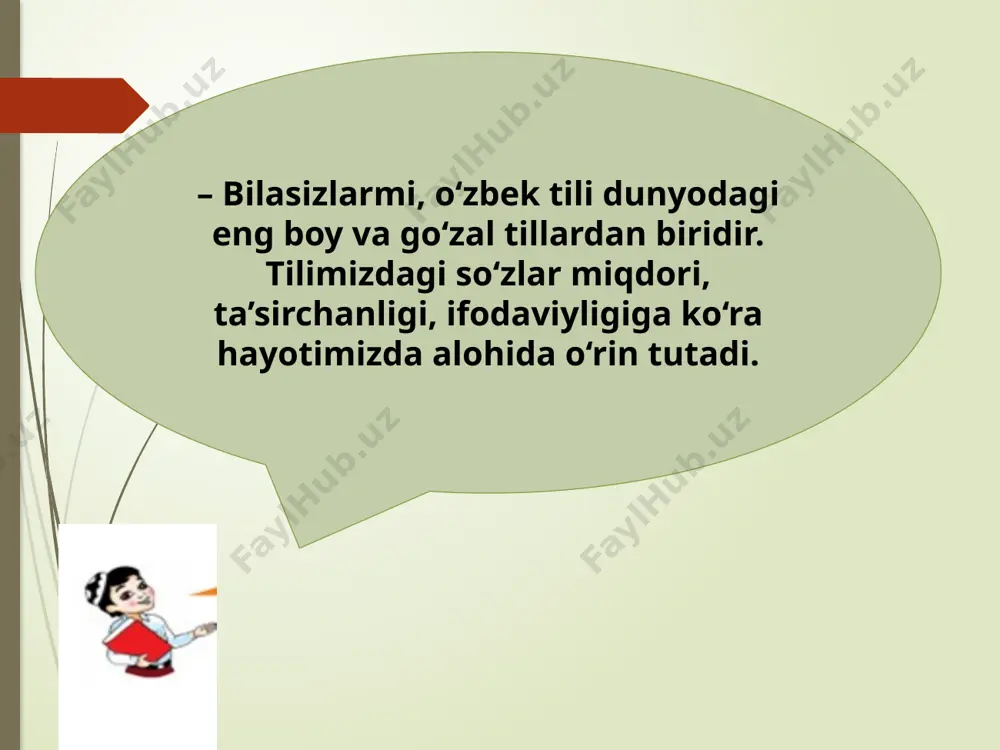 y kabi). shul uch yo‘l bilan tilimizga yangi so‘zlar kirgizishni qabul etmasak, tilimizni boyimoqdan to‘xtatgan bo‘lamiz.”. 256-mashq. uyga vazifa. omonilla madayevning fi krla riga asoslanib, “til – millat boyligi” mavzusida matn tuzing. til millatning ma’naviy boyligi, g‘ururidir. ajdodlardan avlodlarga o‘tib kelayotgan bebaho boylikning vorislari sifatida ona tilimizni asrab-avaylashimiz kerak. so‘z ishlatishda o‘ta sinchkov, talabchan bo‘lishimiz darkor. e’tiboringiz uchun rahmat! foydalanilgan adabiyot: n. mahmudov, a. sobirov, sh. sattorov, sh. toshmirzayeva, d. mannopova. ona tili. umumiy o‘rta ta’lim maktablarining 5-sinfi uchun darslik. g‘afur g‘ulom nomidagi nashriyot-matbaa ijodiy uyi. toshkent– 2020 ushbu taqdimot slaydi mahsulotidir. diqqat! ushbu mahsulotni tijoriy maqsadda ko‘paytirish javobgarlikka sabab bo‘ladi! image3.jpeg image4.png image21.png image22.png image11.png image15.png image23.jpg image9.png